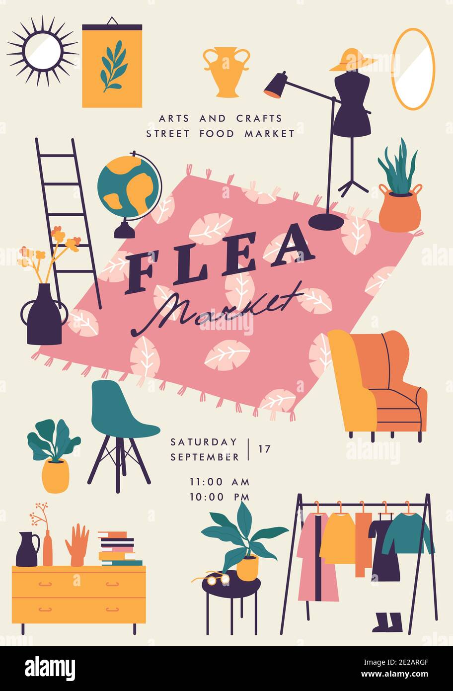 Illustrazione vettoriale mercato delle pulci poster con vintage abbigliamento e negozio di accessori, cartoon design piatto. Invito alla vendita al dettaglio. Rag giusto. Illustrazione Vettoriale