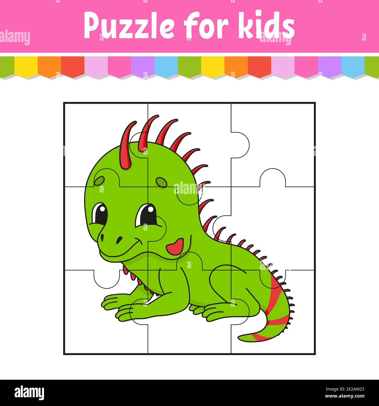Gioco di puzzle per bambini. Iguana verde. Foglio di lavoro Education. Pagina attività colore. Indovinello per prescolare. Illustrazione vettoriale isolata. Stile cartone animato. Illustrazione Vettoriale