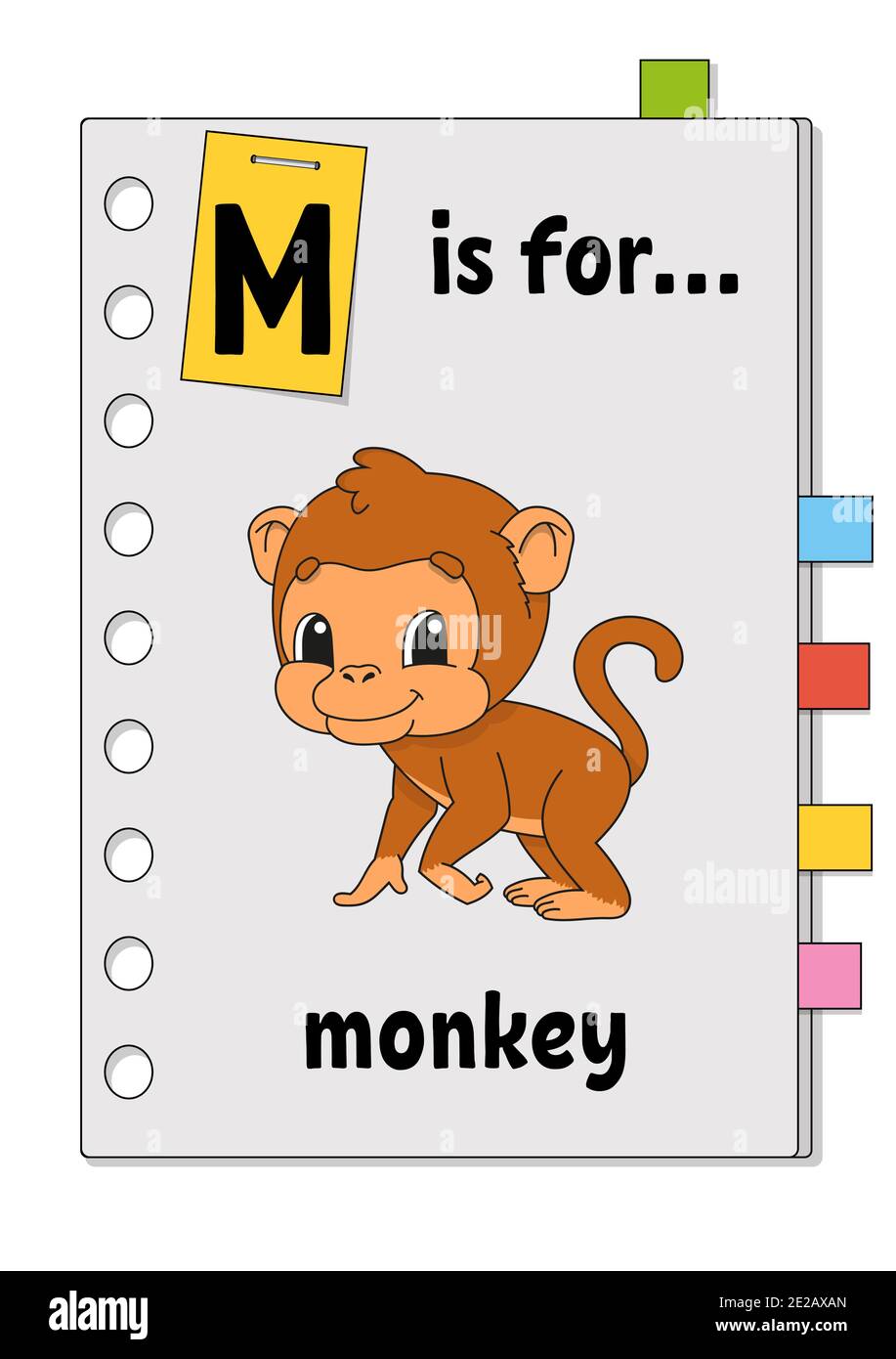 M è per scimmia. ABC gioco per bambini. Parola e lettera. Parole di apprendimento per lo studio dell'inglese. Personaggio cartoon. Illustrazione vettoriale a colori. Animale carino. Illustrazione Vettoriale