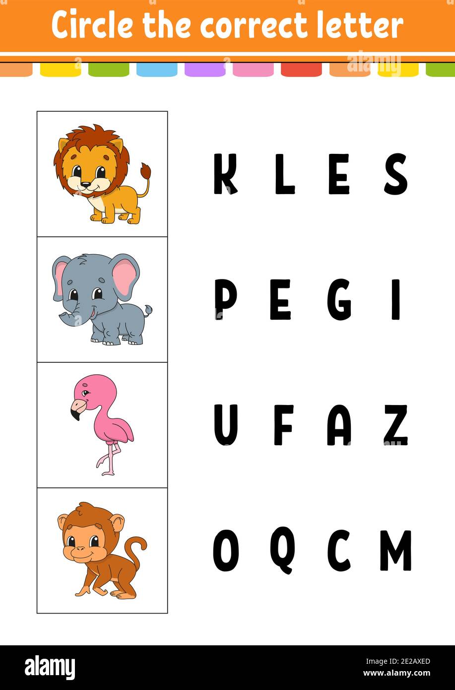 Cerchiare la lettera corretta: flamingo, scimmia, leone, elefante. Foglio di lavoro per lo sviluppo dell'istruzione. Gioco di apprendimento per bambini. Pagina attività colore. Carar cartoon Illustrazione Vettoriale