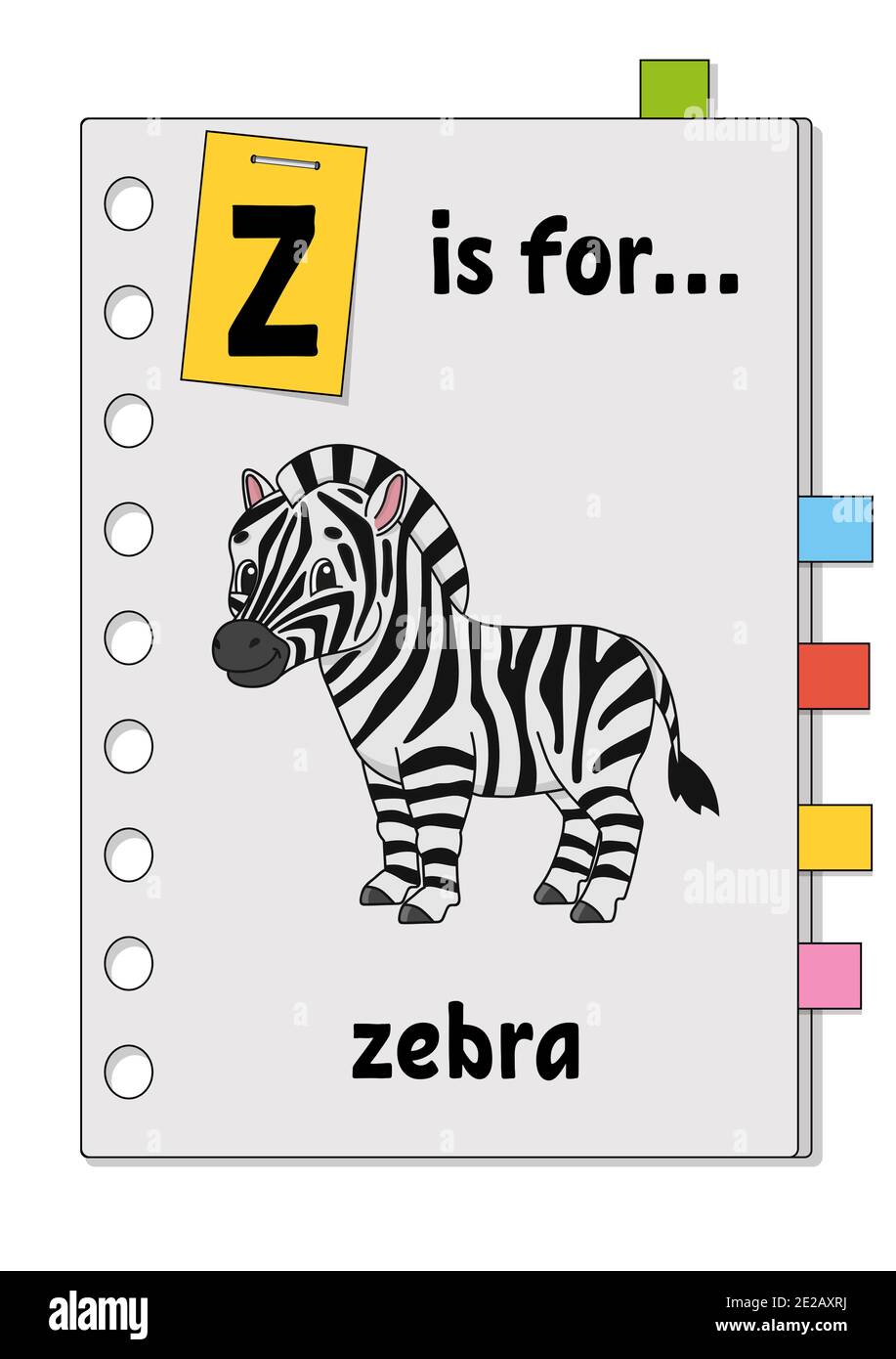 Z è per la zebra. ABC gioco per bambini. Parola e lettera. Parole di apprendimento per lo studio dell'inglese. Personaggio cartoon. Illustrazione vettoriale a colori. Animale carino. Illustrazione Vettoriale