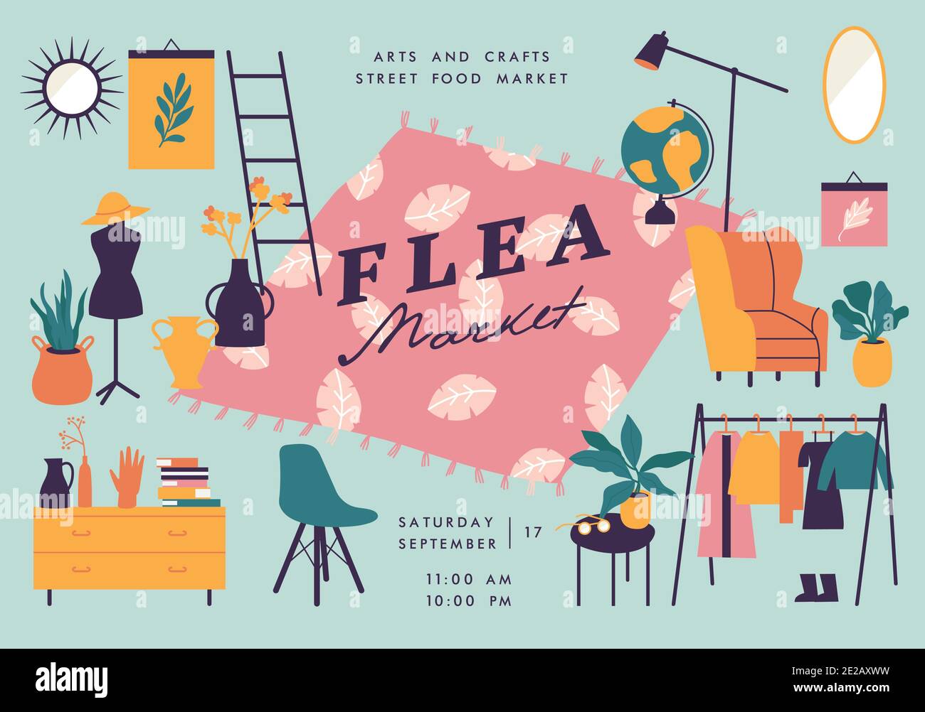 Illustrazione vettoriale mercato delle pulci poster con vintage abbigliamento e negozio di accessori, cartoon design piatto. Invito alla vendita al dettaglio. Rag giusto. Illustrazione Vettoriale