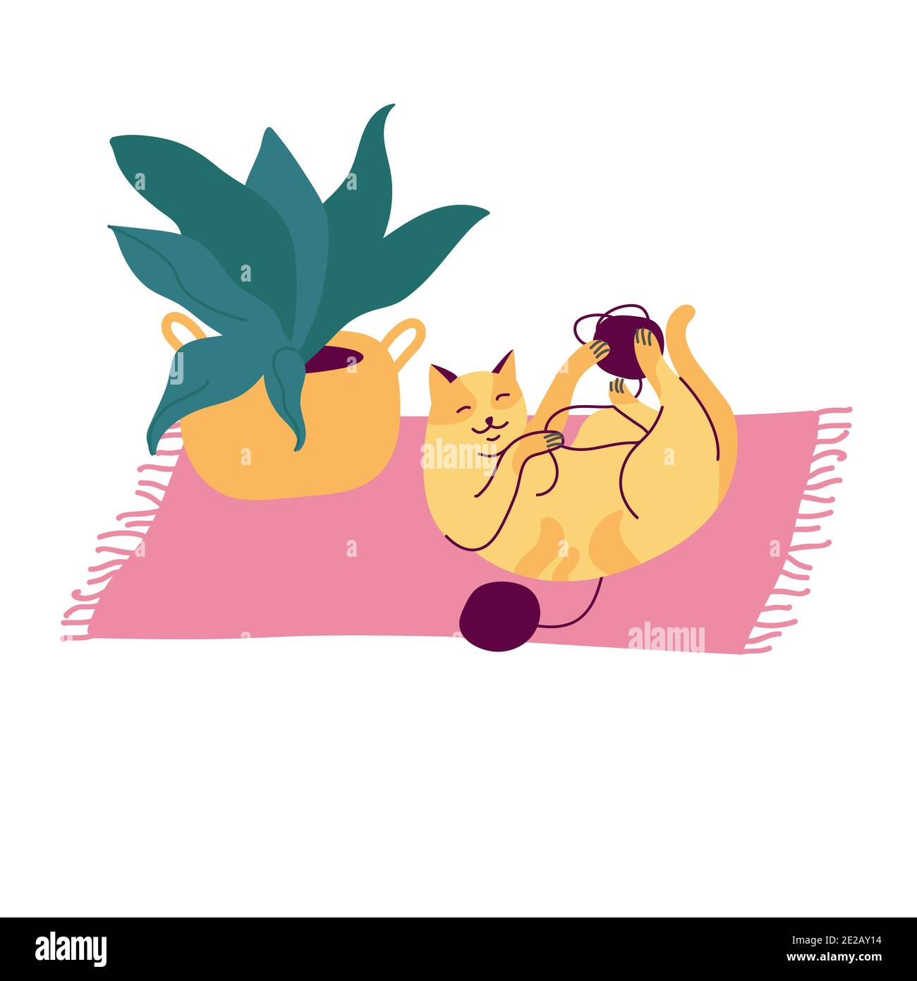 Illustrazione vettoriale macchiato gatto che gioca con la palla di filo sul tappeto vicino a un vaso di fiori. Illustrazione Vettoriale