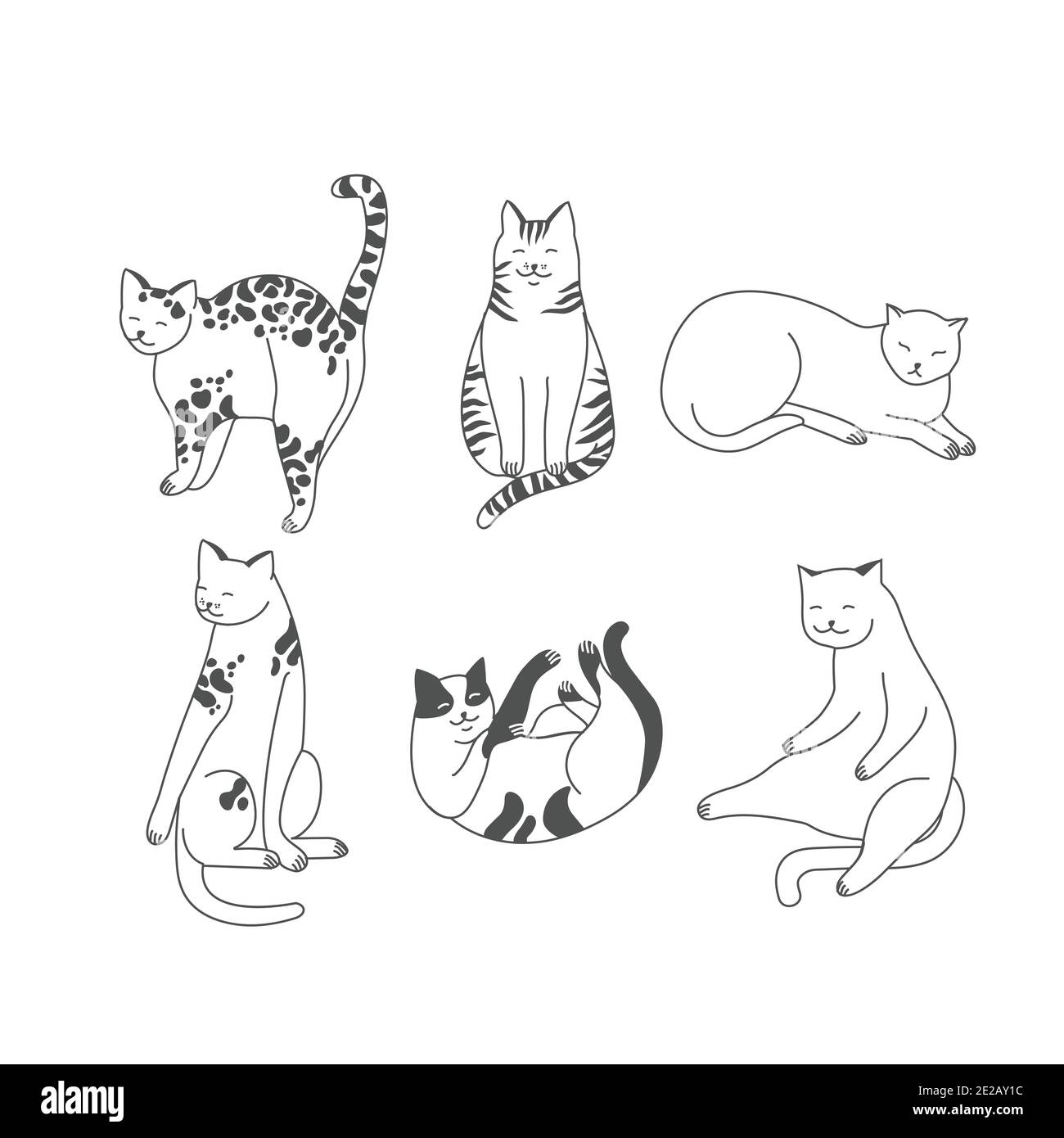 Illustrazione vettoriale lineare insieme di adorabili catsn in diverse pose dormendo, allungandosi, giocando. Razze di gatti. Illustrazione Vettoriale