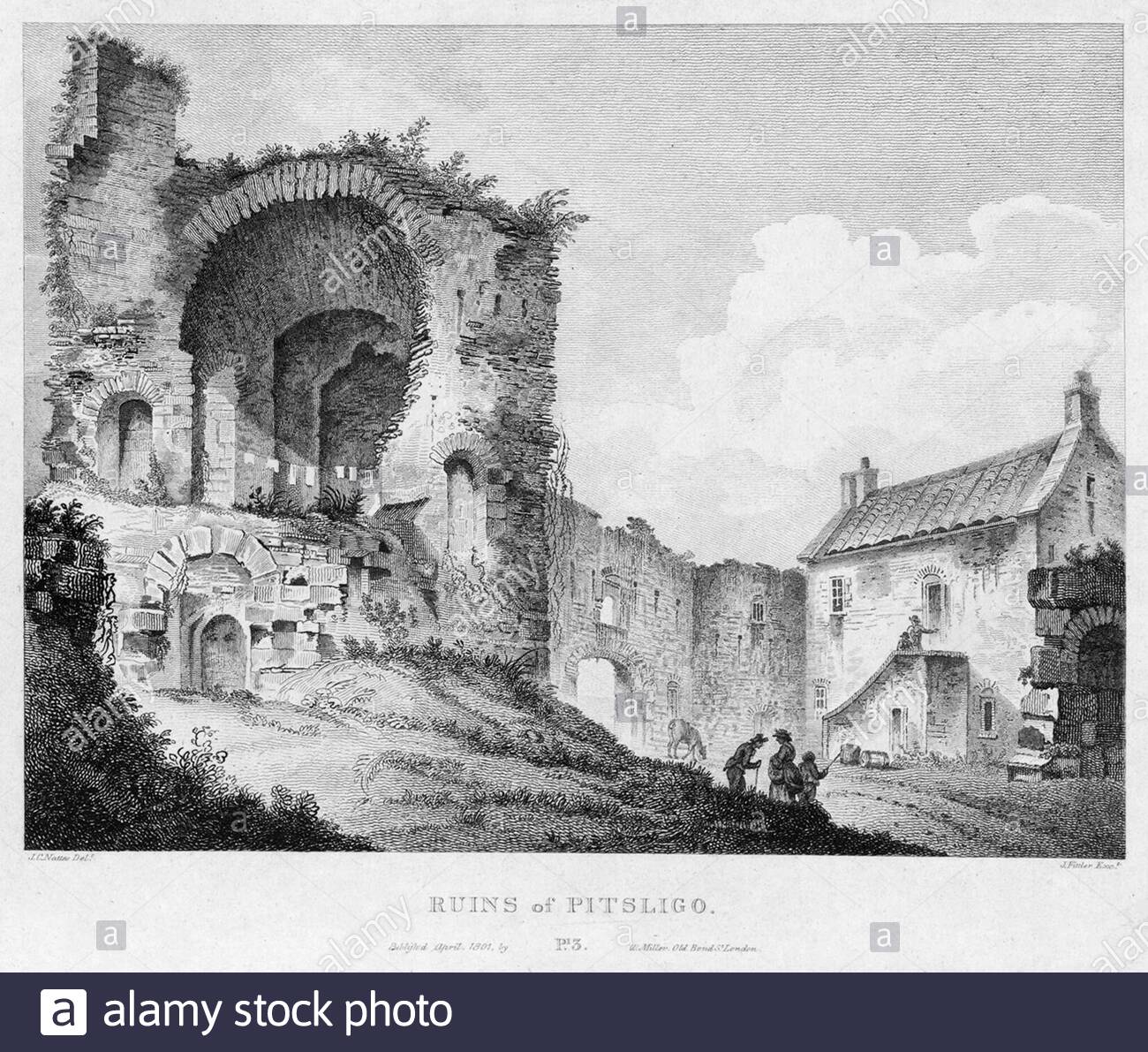 Rovine di Pitsligo, Aberdeenshire, Scozia, incisione d'annata dal 1804 Foto Stock