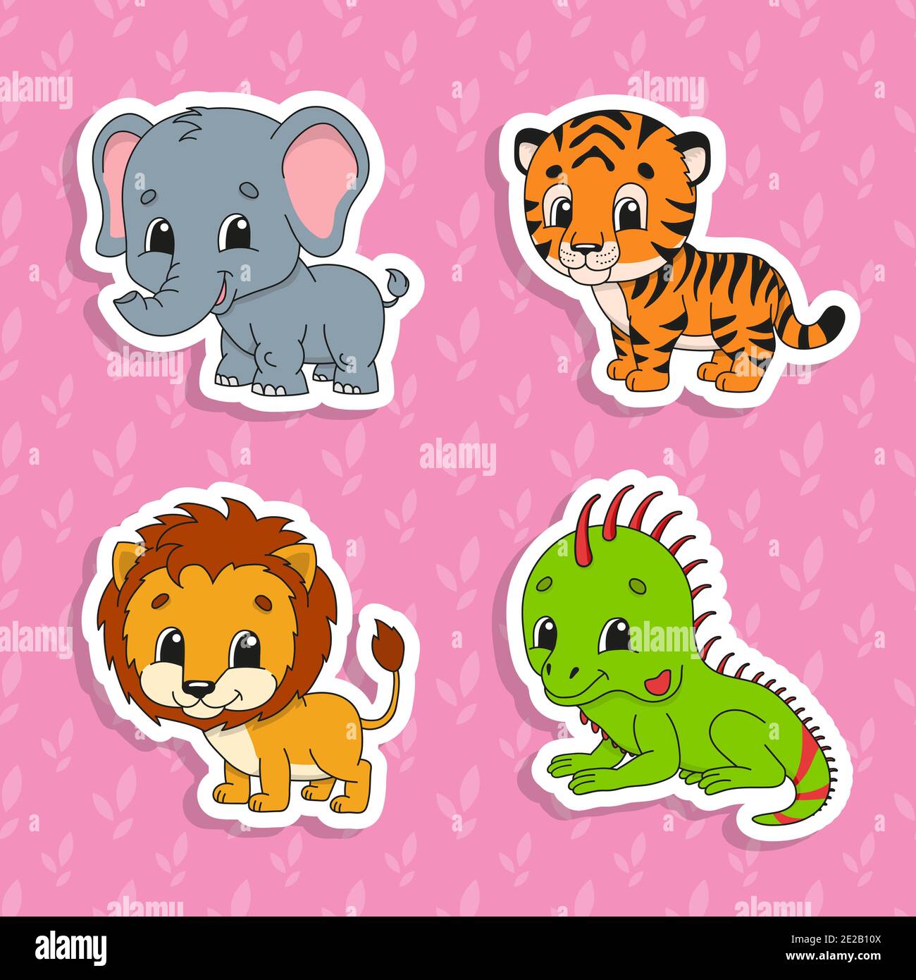 Set di adesivi di colore brillante. Leone arancione. Iguana verde. Tigre arancione. Elefante grigio. Simpatici personaggi cartoni animati. Illustrazione vettoriale isolata sul colore b Illustrazione Vettoriale