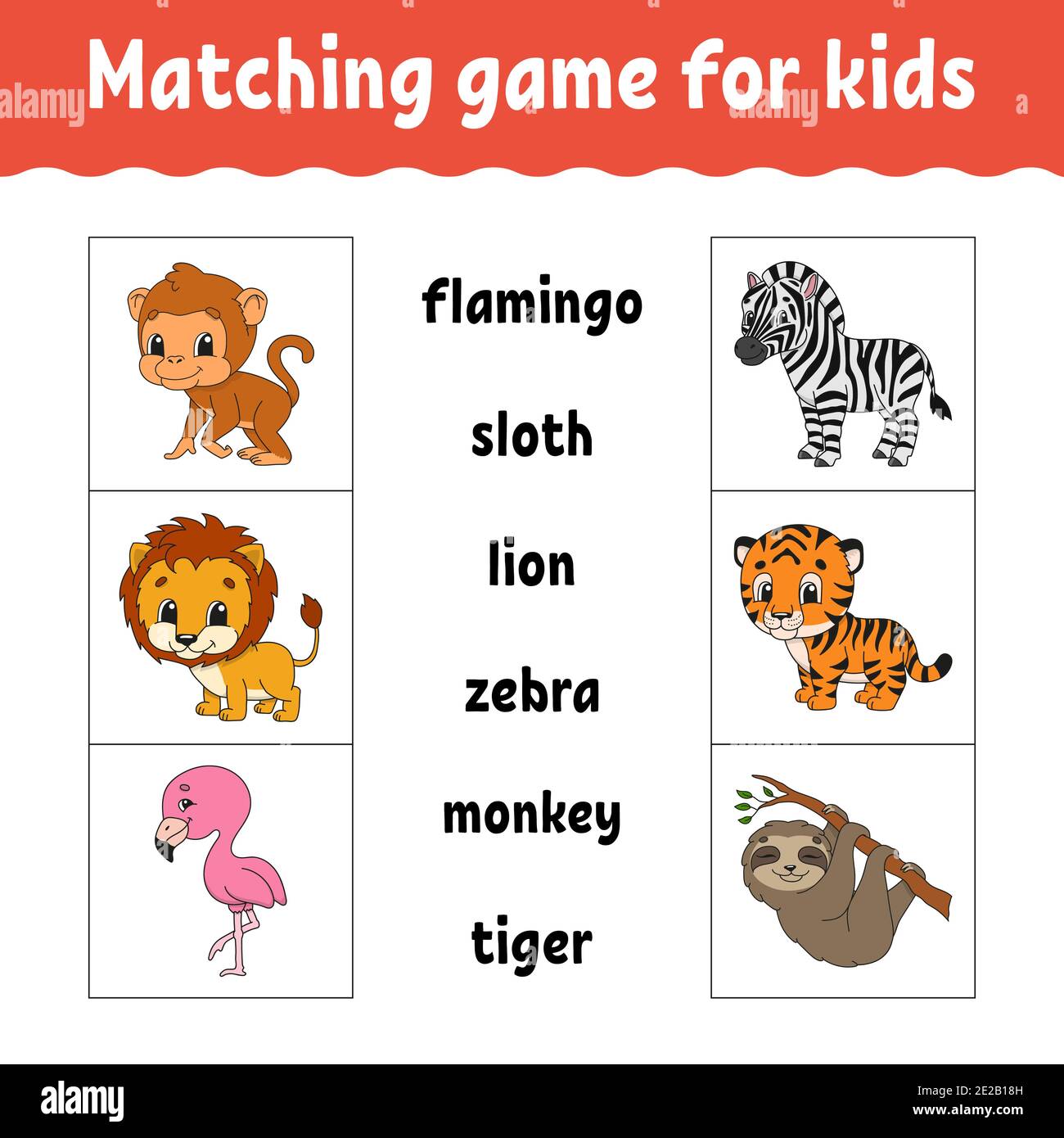 Gioco corrispondente per i bambini. Trovare la risposta corretta. Tracciare una linea. Parole di apprendimento. Foglio di lavoro attività. Personaggio cartoon. Animale carino. Illustrazione Vettoriale