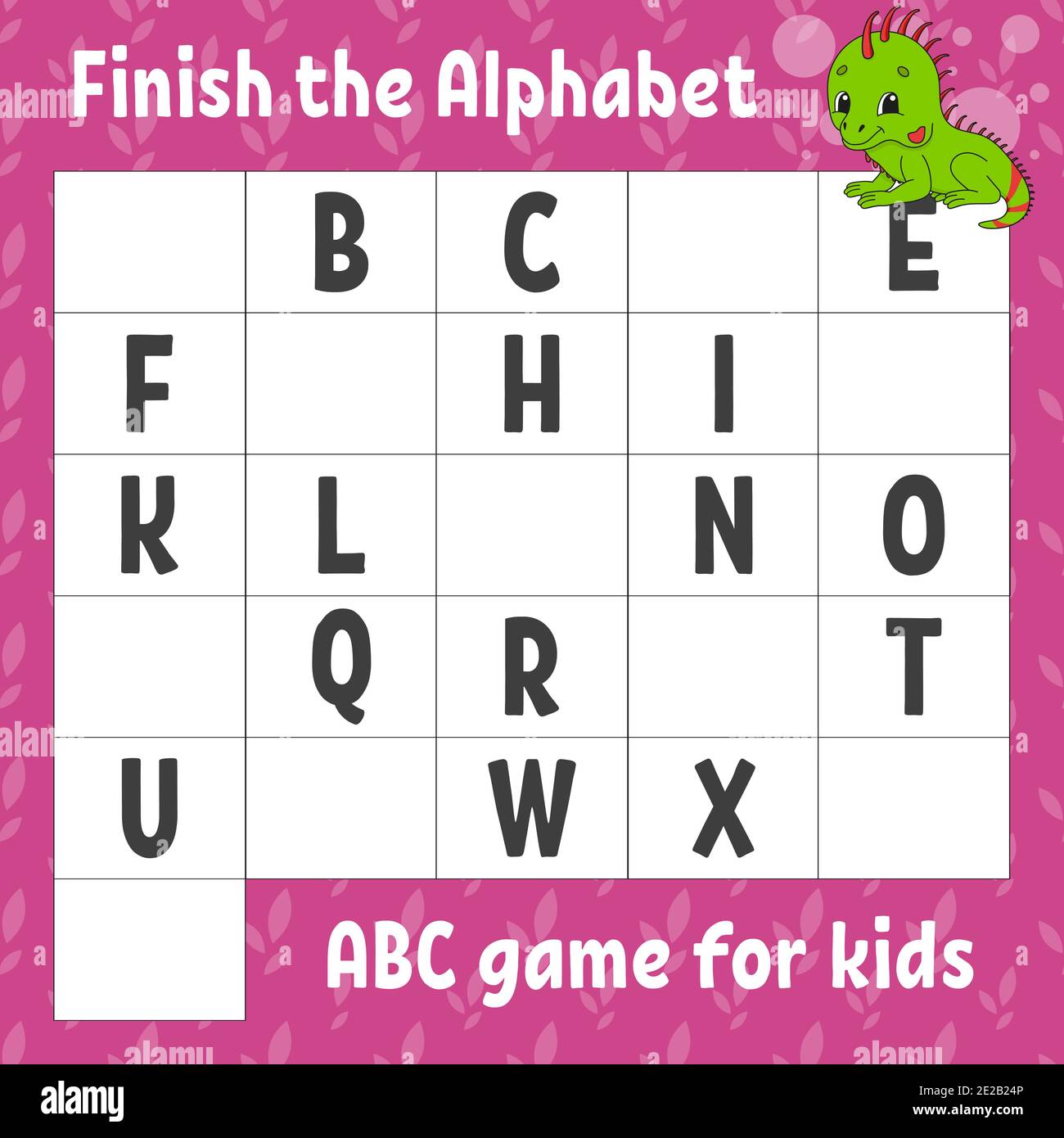 Terminare l'alfabeto. ABC gioco per bambini. Foglio di lavoro per lo sviluppo dell'istruzione. Iguana verde. Gioco di apprendimento per bambini. Pagina attività colore. Illustrazione Vettoriale