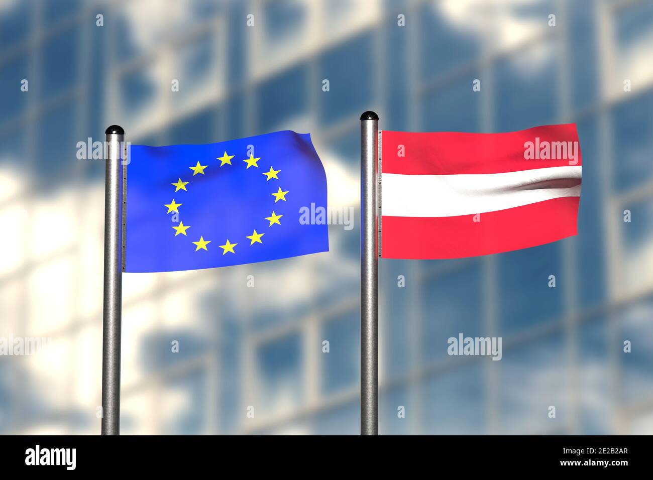 Rappresentazione in 3d di una bandiera d'Europa e d'Austria, davanti a uno sfondo sfocato, con un palo in acciaio Foto Stock