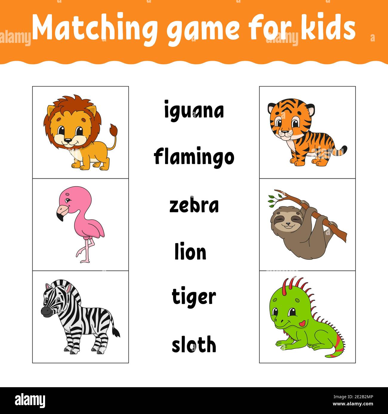 Gioco corrispondente per i bambini. Trovare la risposta corretta. Tracciare una linea. Parole di apprendimento. Foglio di lavoro attività. Personaggio cartoon. Animale carino. Illustrazione Vettoriale