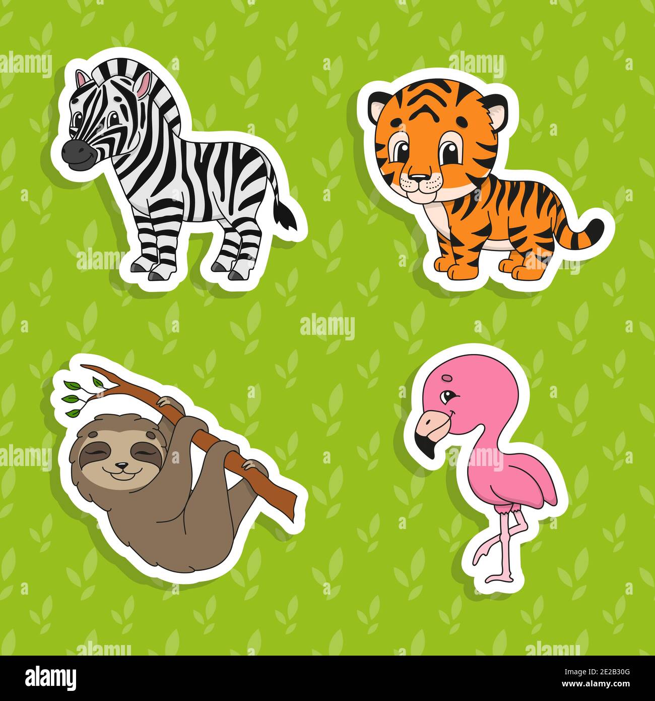 Set di adesivi di colore brillante. Bruno sloth. Tigre arancione. Felice zebra. Fenicottero rosa. Simpatici personaggi cartoni animati. Illustrazione vettoriale isolata sul colore ba Illustrazione Vettoriale