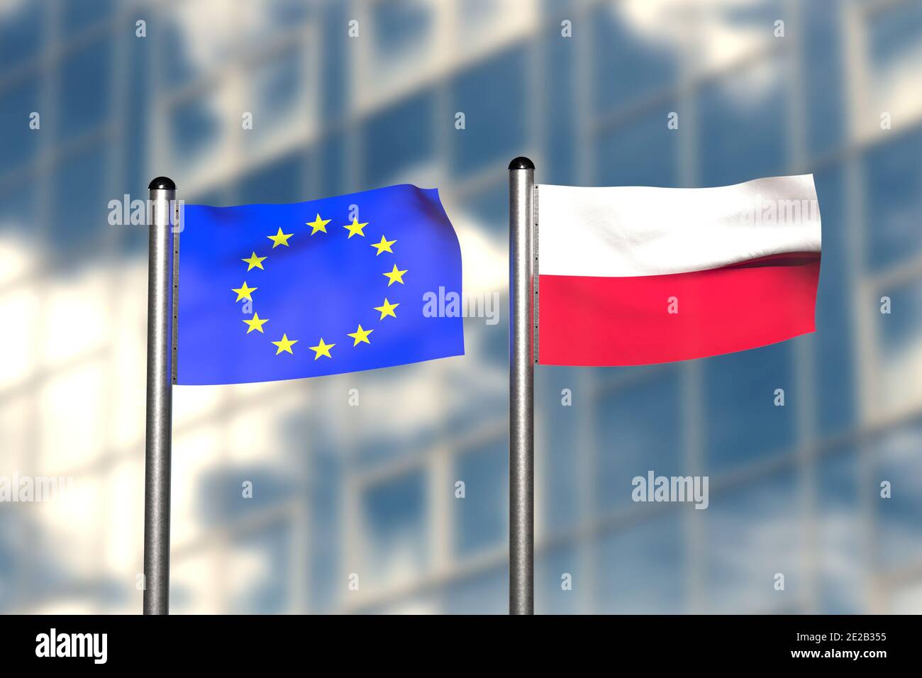 Rappresentazione in 3d di una bandiera di Europa e Polonia, davanti a uno sfondo sfocato, con un palo in acciaio Foto Stock