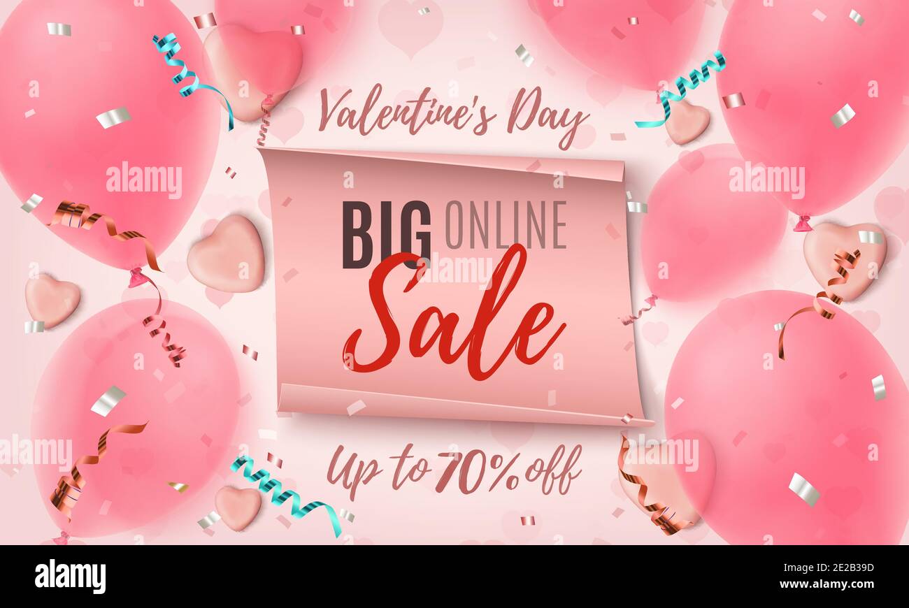 San Valentino grande vendita online. Sfondo rosa astratto con striscioni di carta e palloncini. Illustrazione Vettoriale