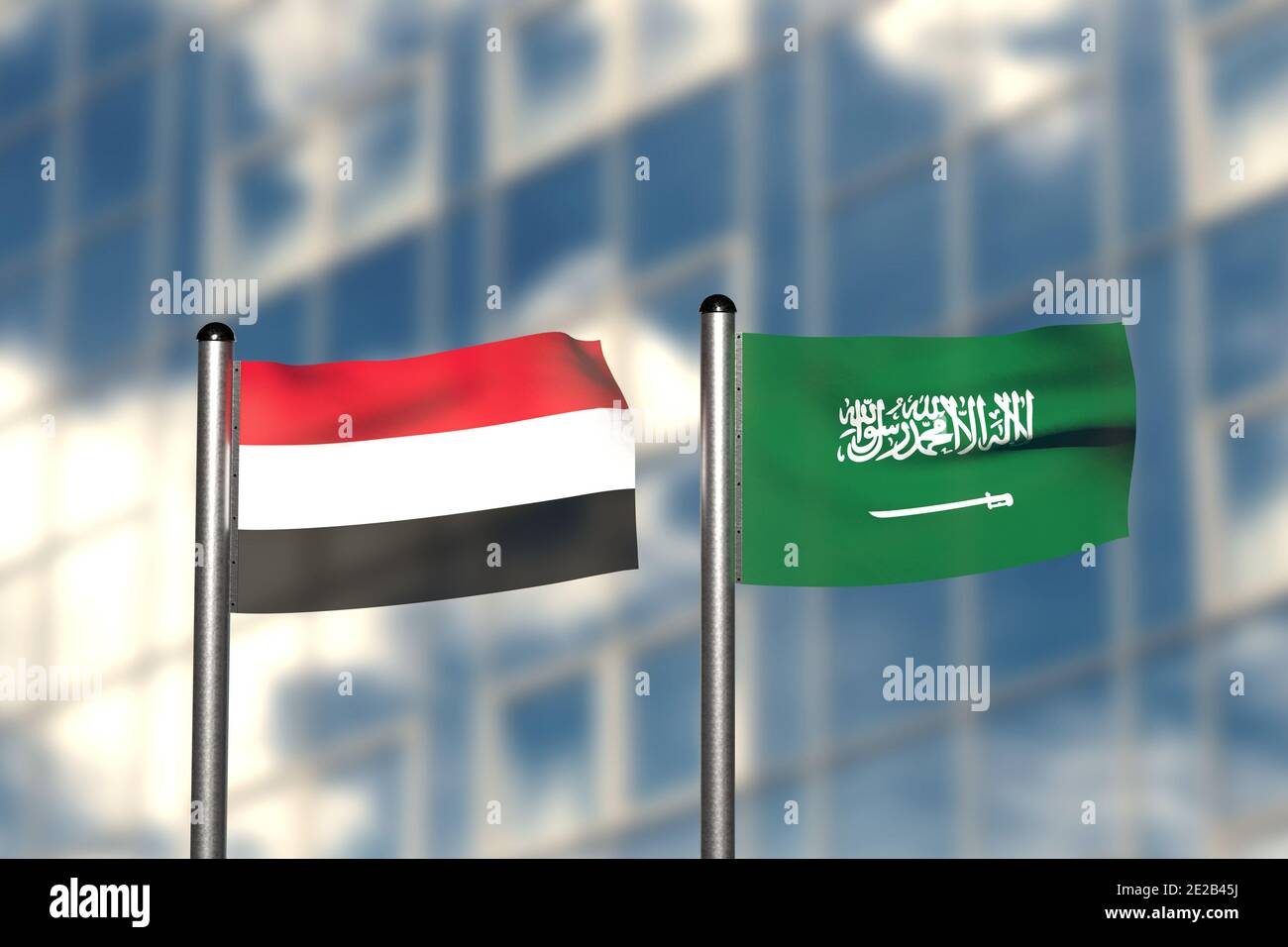 Rendering 3d di una bandiera di Jemen e Arabia Saudita, di fronte a uno sfondo sfocato, con un flagpole in acciaio Foto Stock