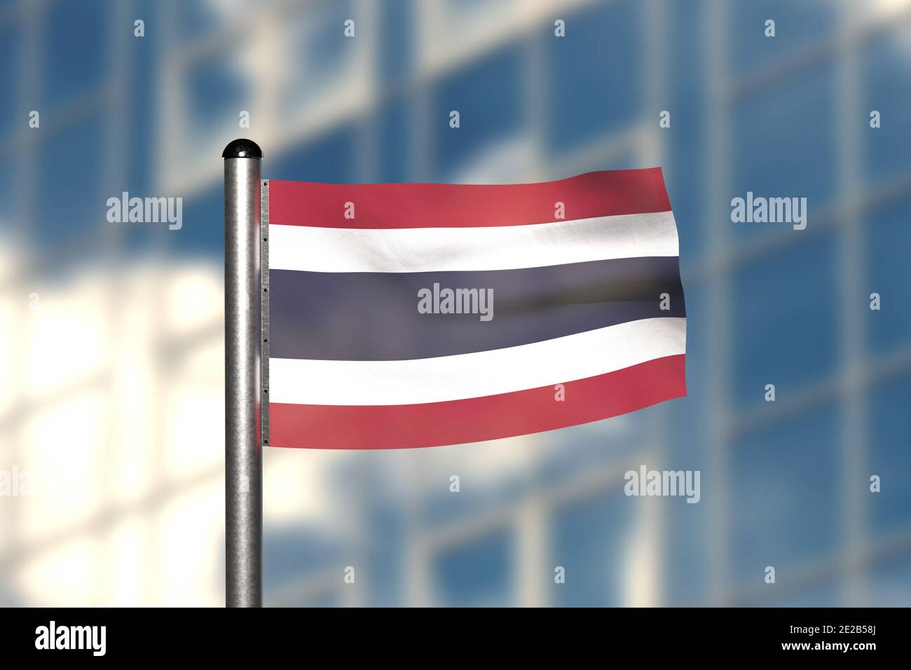 Rendering 3d di una bandiera della Thailandia, di fronte a uno sfondo sfocato, con un palo in acciaio Foto Stock