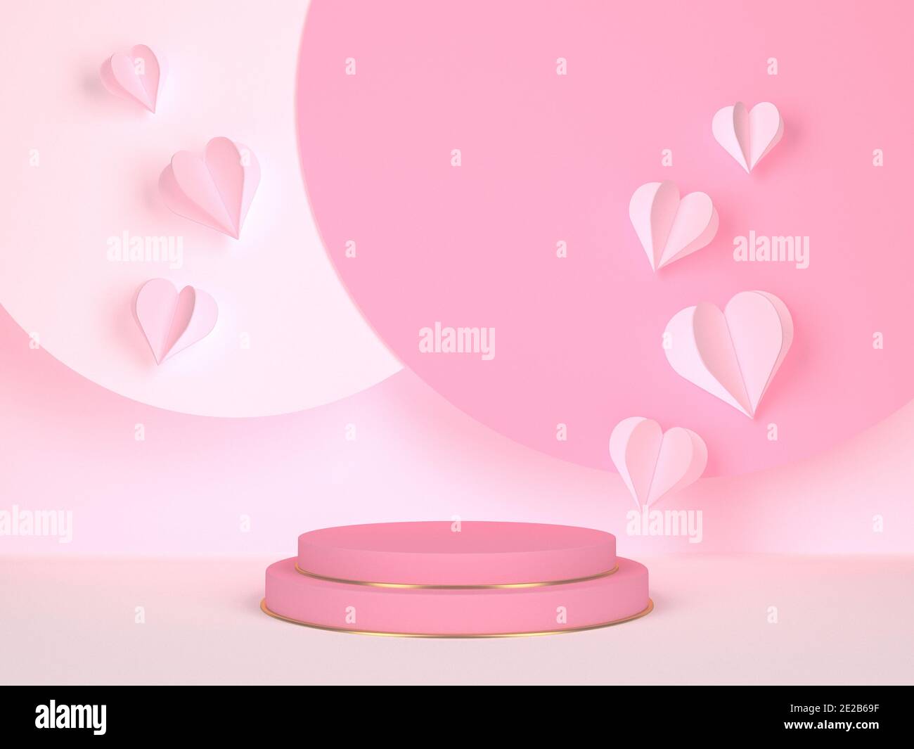 Podio rosa con cuori. Matrimonio e concetto di San Valentino. Cerchio stand per pubblicità creativa. rendering 3d Foto Stock