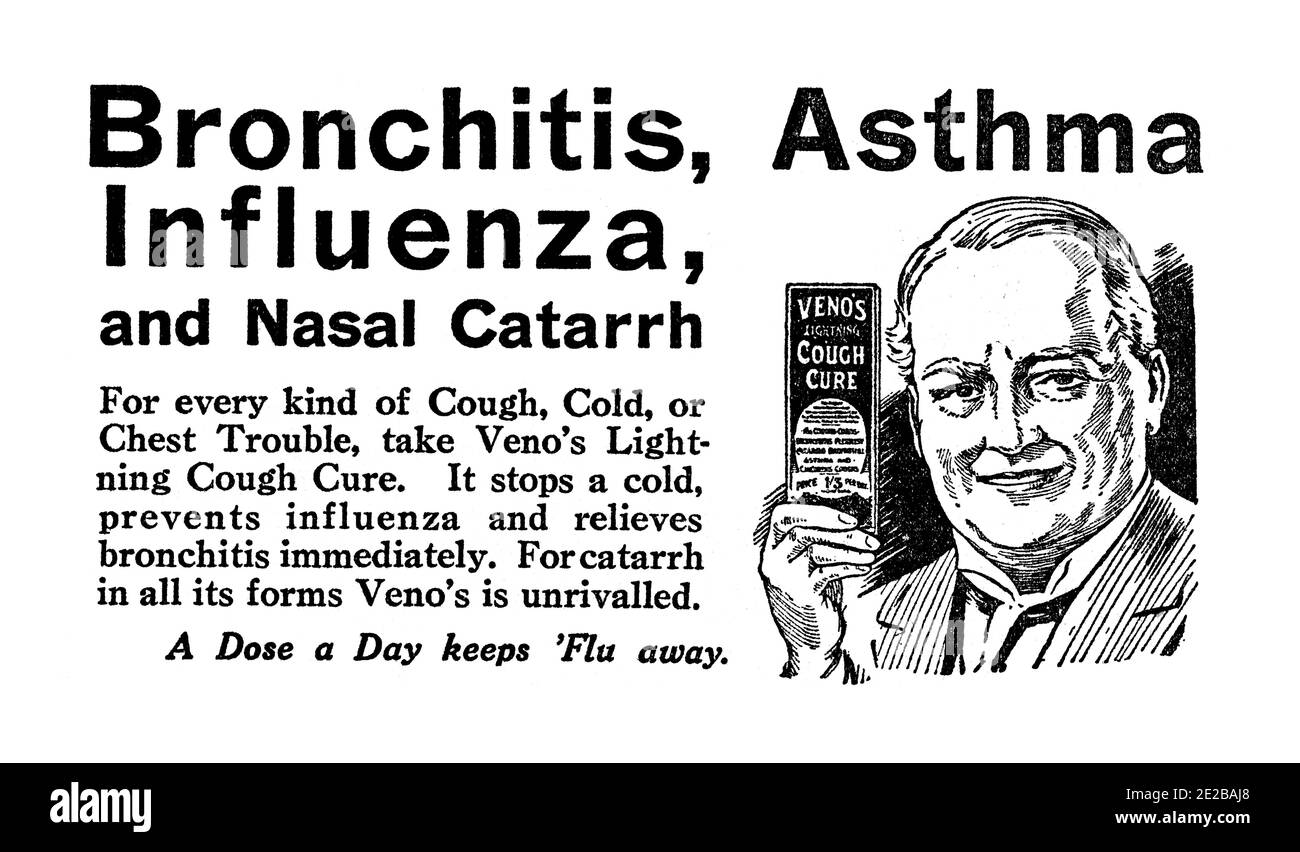 Pubblicità dell'industria di salute, 1927 Venos Lighning Cough cura annuncio di giornale locale, dal alberino di sera dello Yorkshire Foto Stock
