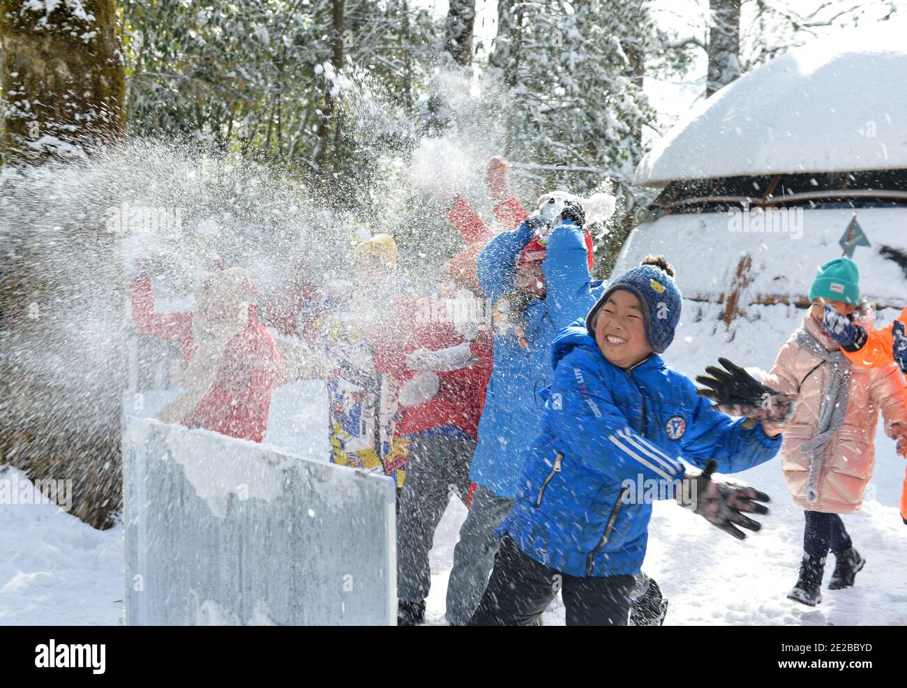 Yingjing, provincia cinese del Sichuan. 13 gennaio 2021. Gli studenti della scuola elementare di Huchangbao combattono sulla neve in un campo nel Parco Nazionale della Foresta di Longcantgou nella Contea di Yingjing, nella provincia sudoccidentale della Cina di Sichuan, 13 gennaio 2021. Anni recenti la Contea di Yingjing ha organizzato una serie di attività educative nel Parco Nazionale della Foresta di Longcantgou per promuovere l'educazione locale in ambiente naturale. Credit: Liu Mengqi/Xinhua/Alamy Live News Foto Stock