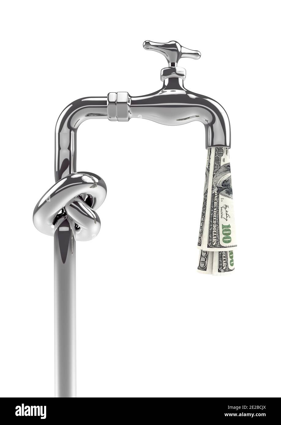 Nodo tap soldi rubaucet dollari / illustrazione 3D di cromo rubinetto con tubo annodato che chiude i fondi di cento dollari bollette isolate su bianco studio ba Foto Stock