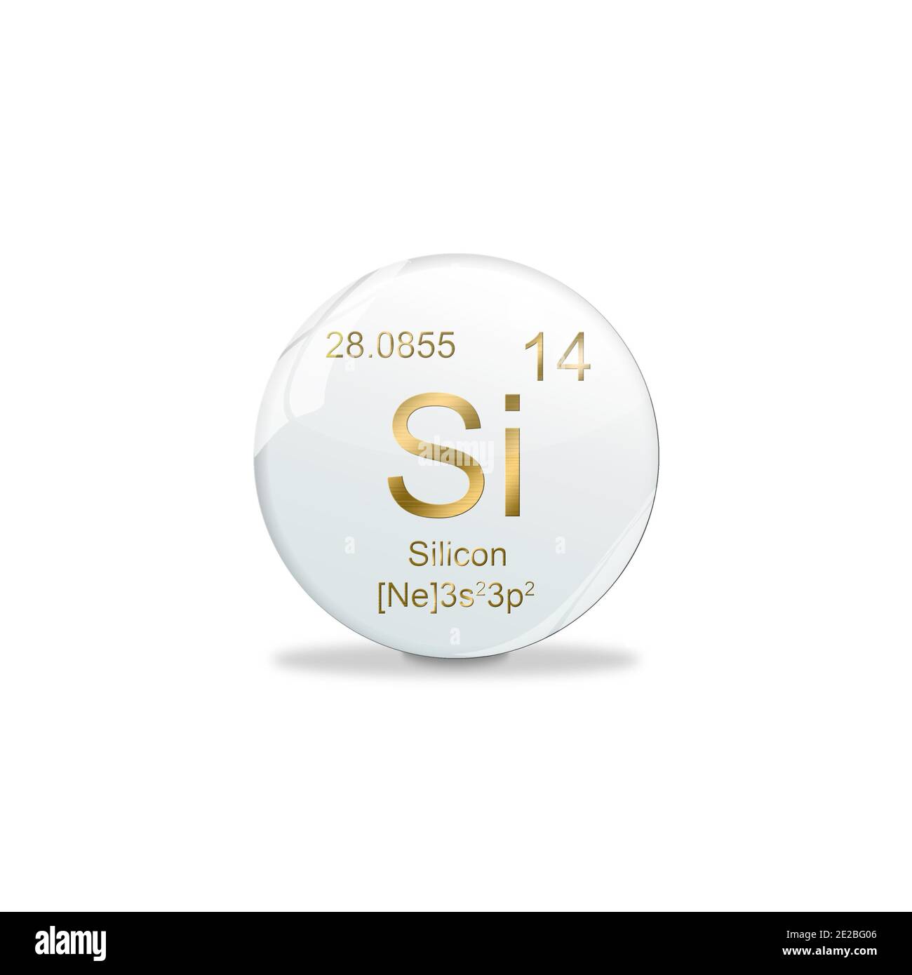 Simbolo di silicone - si. Elemento del tavolo periodico su pallina bianca con segni dorati. Sfondo bianco Foto Stock