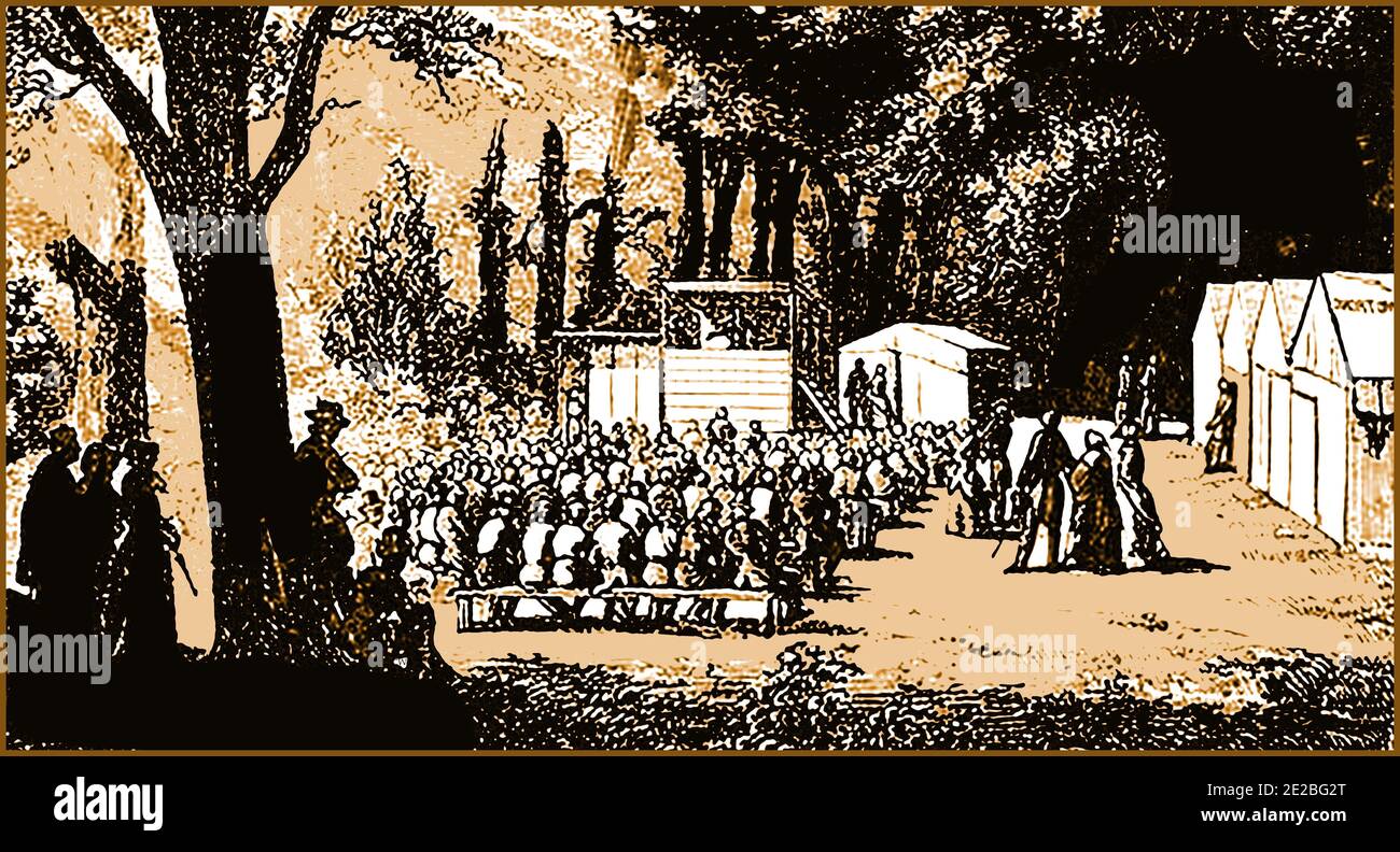Un disegno di lavaggio di un incontro di campo che ha luogo durante La corsa all'oro califrniana Foto Stock