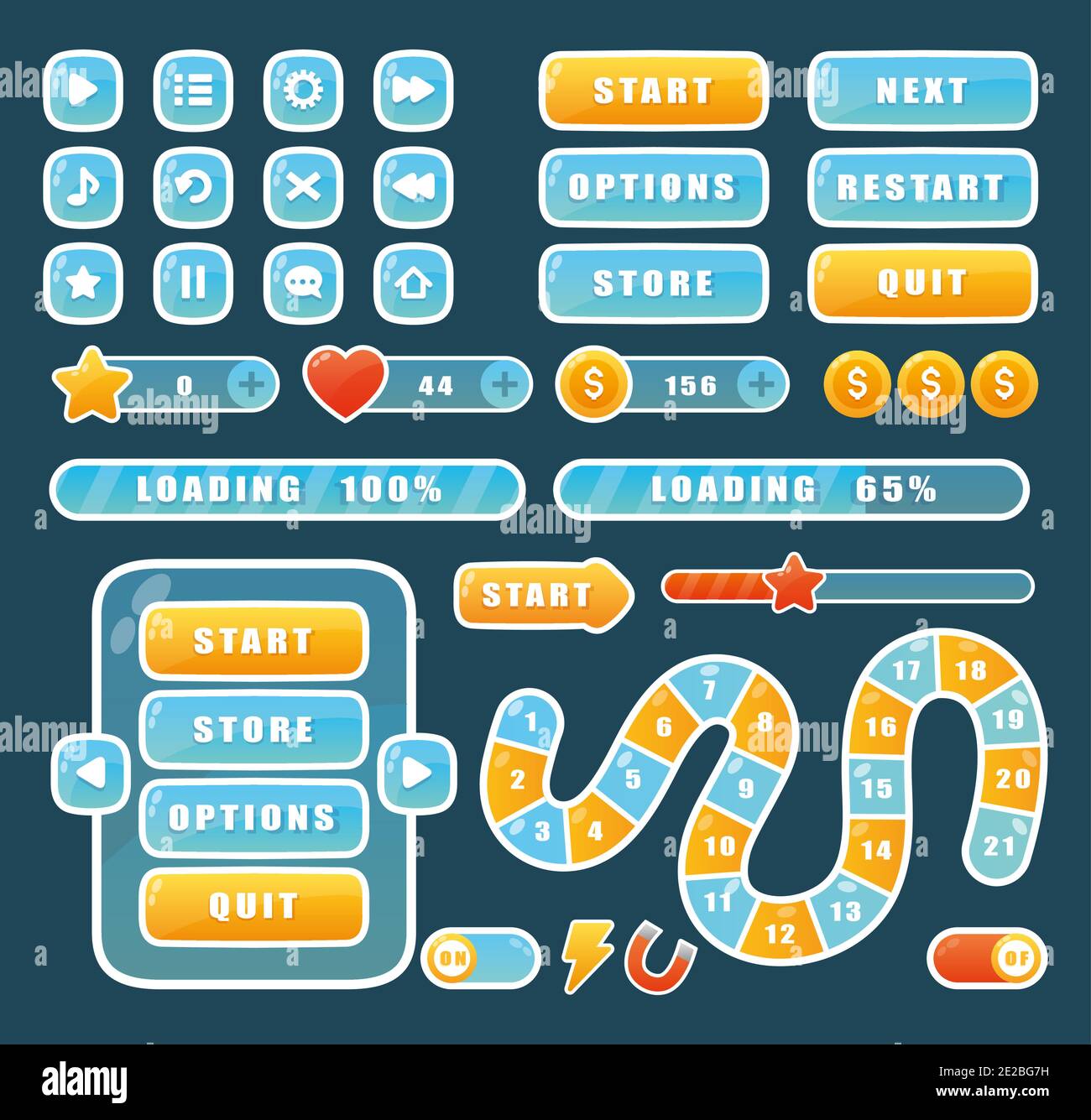 Elementi del menu dell'app di navigazione cartoon, pulsanti lucidi per giocare ai videogiochi, barra di avanzamento, freccia e design gui della finestra in colori diversi. Pulsanti per Illustrazione Vettoriale