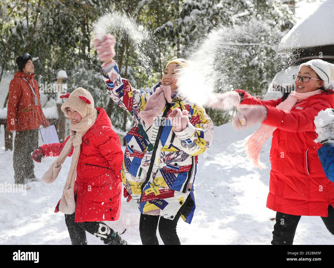 Yingjing, provincia cinese del Sichuan. 13 gennaio 2021. Gli studenti della scuola elementare di Huchangbao combattono sulla neve in un campo nel Parco Nazionale della Foresta di Longcantgou nella Contea di Yingjing, nella provincia sudoccidentale della Cina di Sichuan, 13 gennaio 2021. Anni recenti la Contea di Yingjing ha organizzato una serie di attività educative nel Parco Nazionale della Foresta di Longcantgou per promuovere l'educazione locale in ambiente naturale. Credit: Jiang Hongjing/Xinhua/Alamy Live News Foto Stock