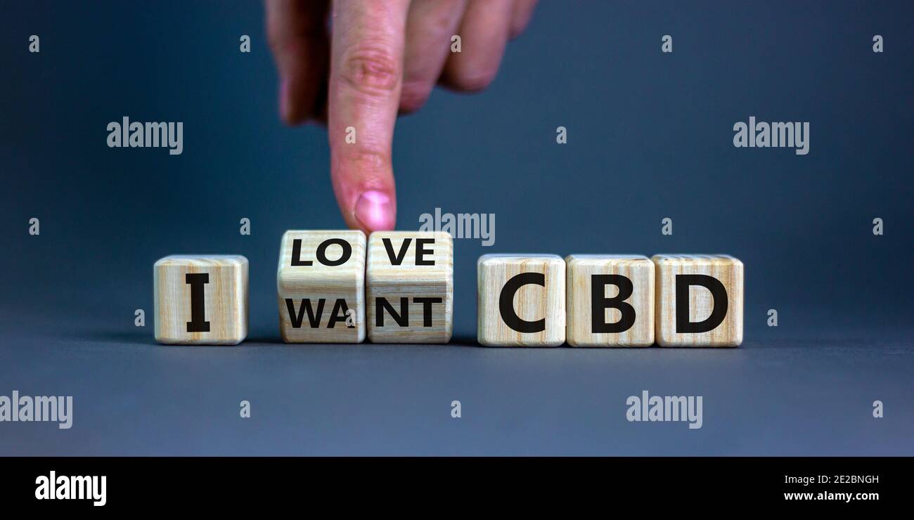 Adoro il CBD, simbolo del cannabidiolo. La mano gira i cubi e cambia le parole "i want CBD" in "i love CBD". Splendido sfondo grigio, spazio per la copia. Medico e io Foto Stock