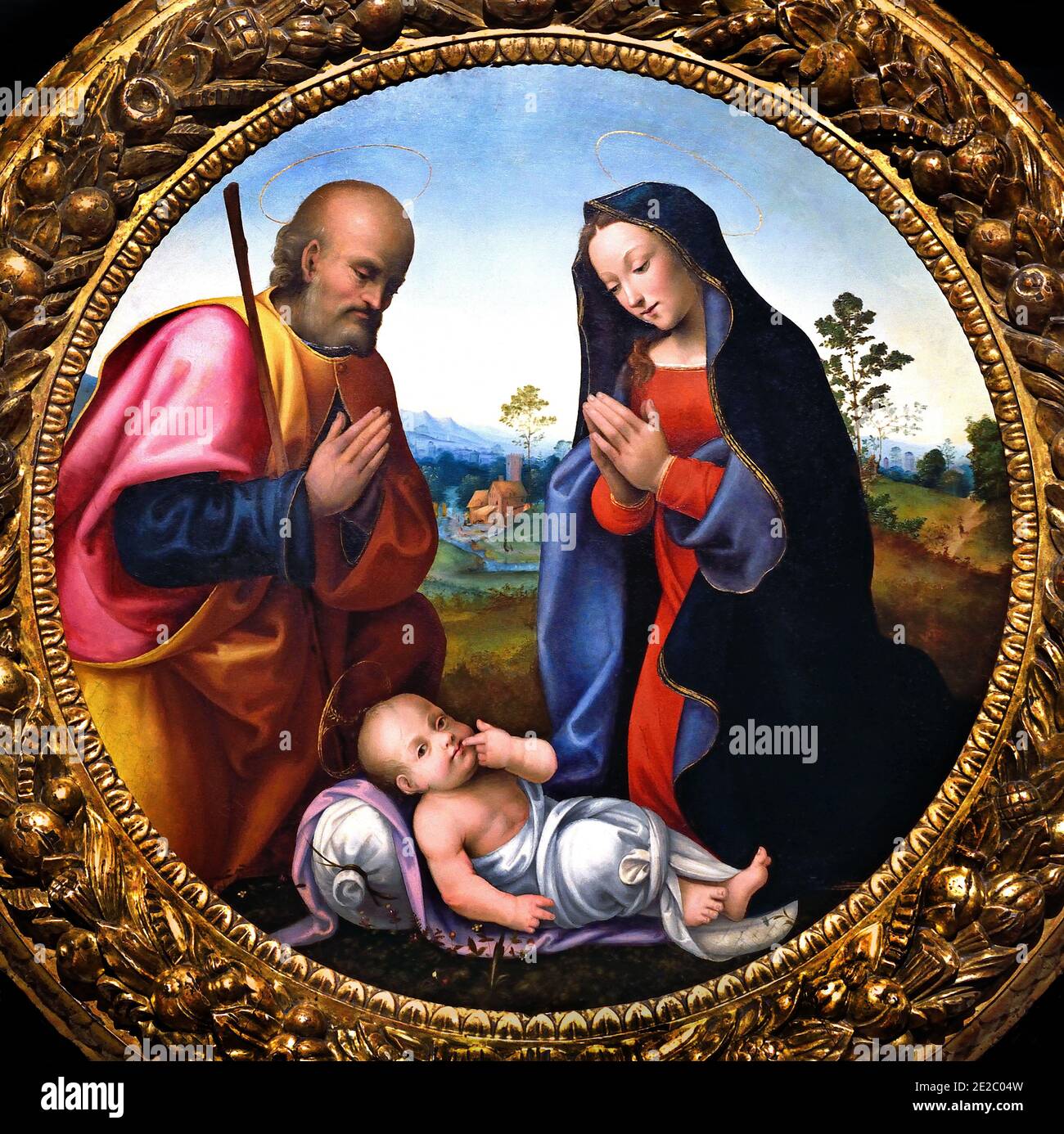 La Sacra Famiglia con l'Adorazione del Bambino 1505 Mariotto Albertinelli 1474-1515 Italiano, Italia. Foto Stock