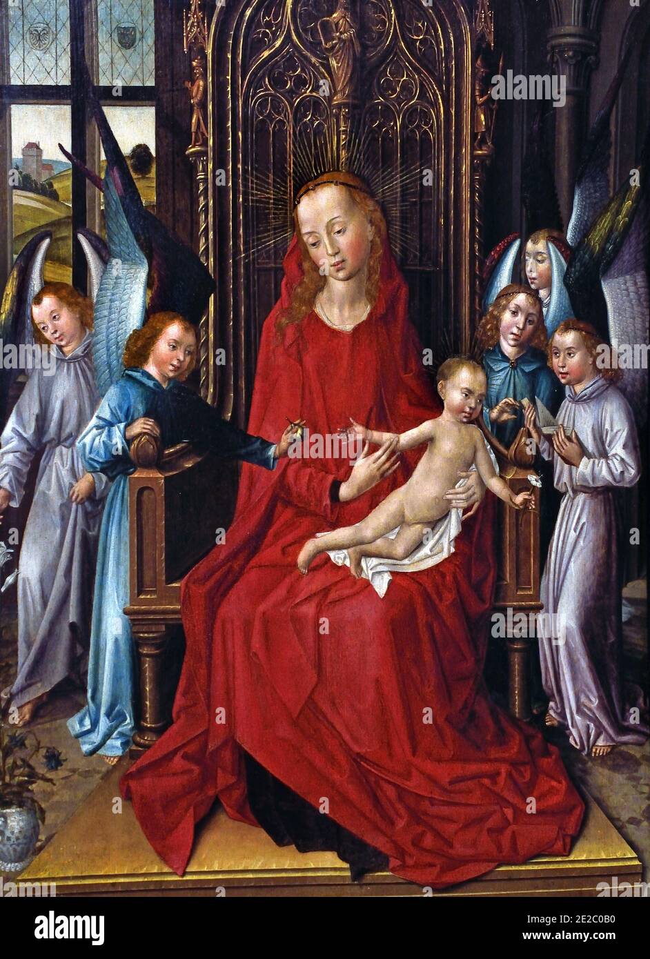 Vergine intronizzata con Angeli Maestro della leggenda Barbara 1470- 1500 Belgio Fiammingo ( Maître de la Légende de sainte Barbe attivo a Bruxelles, circa 1470-1500 ) Foto Stock