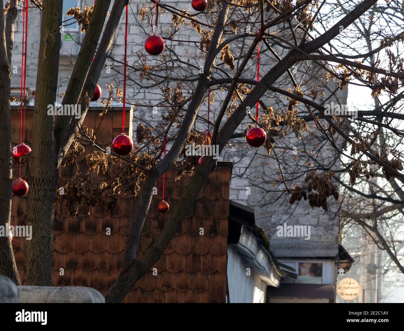 Decorazioni natalizie nelle strade della città per le vacanze di Capodanno: Palline rosse e dorate su un albero sullo sfondo dell'edificio e garlan Foto Stock