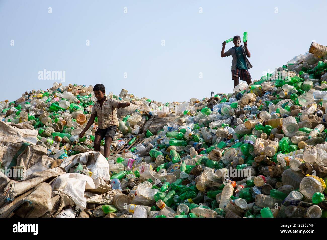 Bottiglie di plastica raccolte per il riciclaggio a Brahmanbaria, Bangladesh. Foto Stock