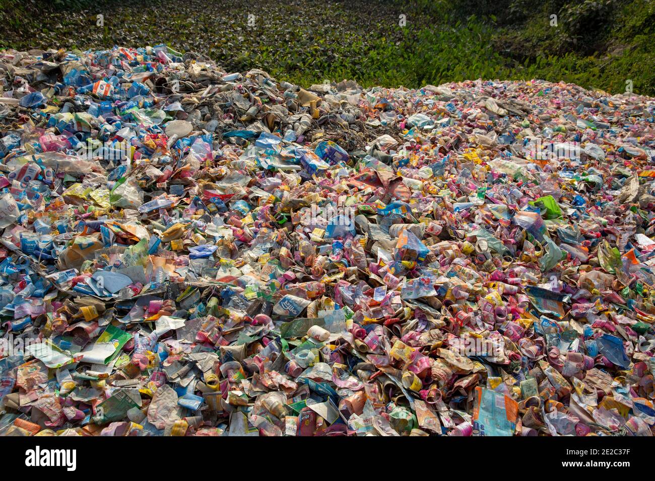 Diverse etichette di bottiglie per animali da compagnia scaricate accanto a un centro di riciclaggio di plastica a Brahmanbaria, Bangladesh. Foto Stock