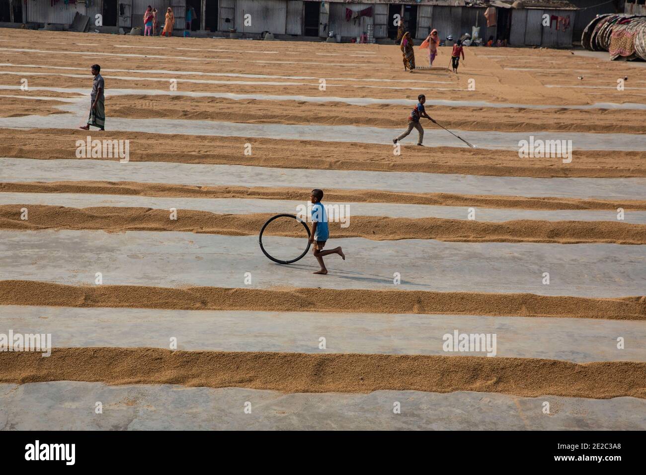 Un ragazzo gioca in un mulino per la lavorazione del riso a Brahmanbaria, Bangladesh. Foto Stock