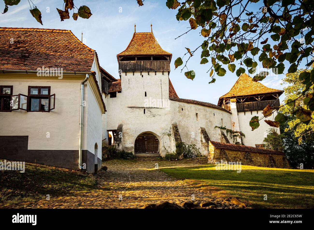La chiesa medievale sassone fortificata di Viscri incorniciata dai rami degli alberi d'autunno. Foto scattata il 2 ottobre 2020 a Viscri, regione della Transilvania, Foto Stock