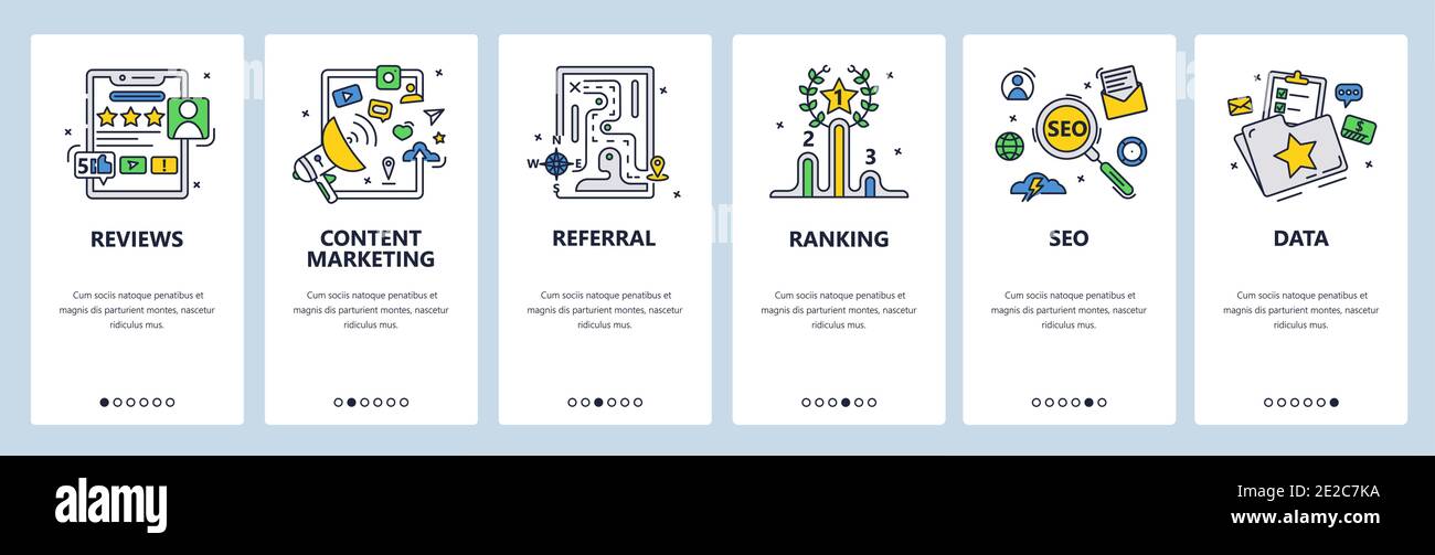 Marketing dei contenuti, recensioni e valutazione dei clienti, SEO, ricerca dei dati. Schermate delle app mobili, modello di banner per siti Web vettoriali. Illustrazione Vettoriale