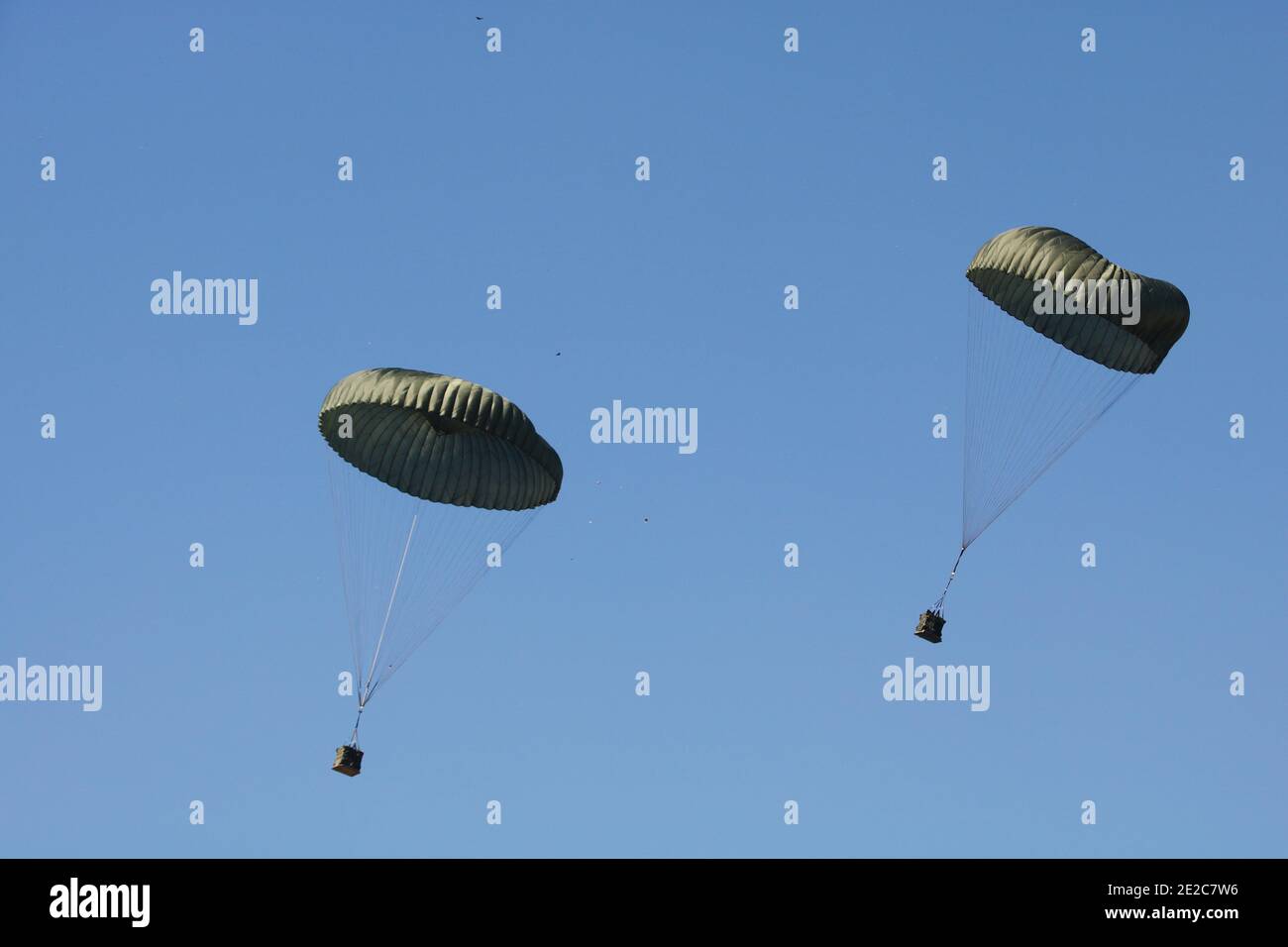 Paracadute militari paracadutisti saltano in cielo blu dal giorno della cerimonia dell'aeroplano. Forze armate esercizio speciale del personale di battaglione. Difesa nazionale Foto Stock