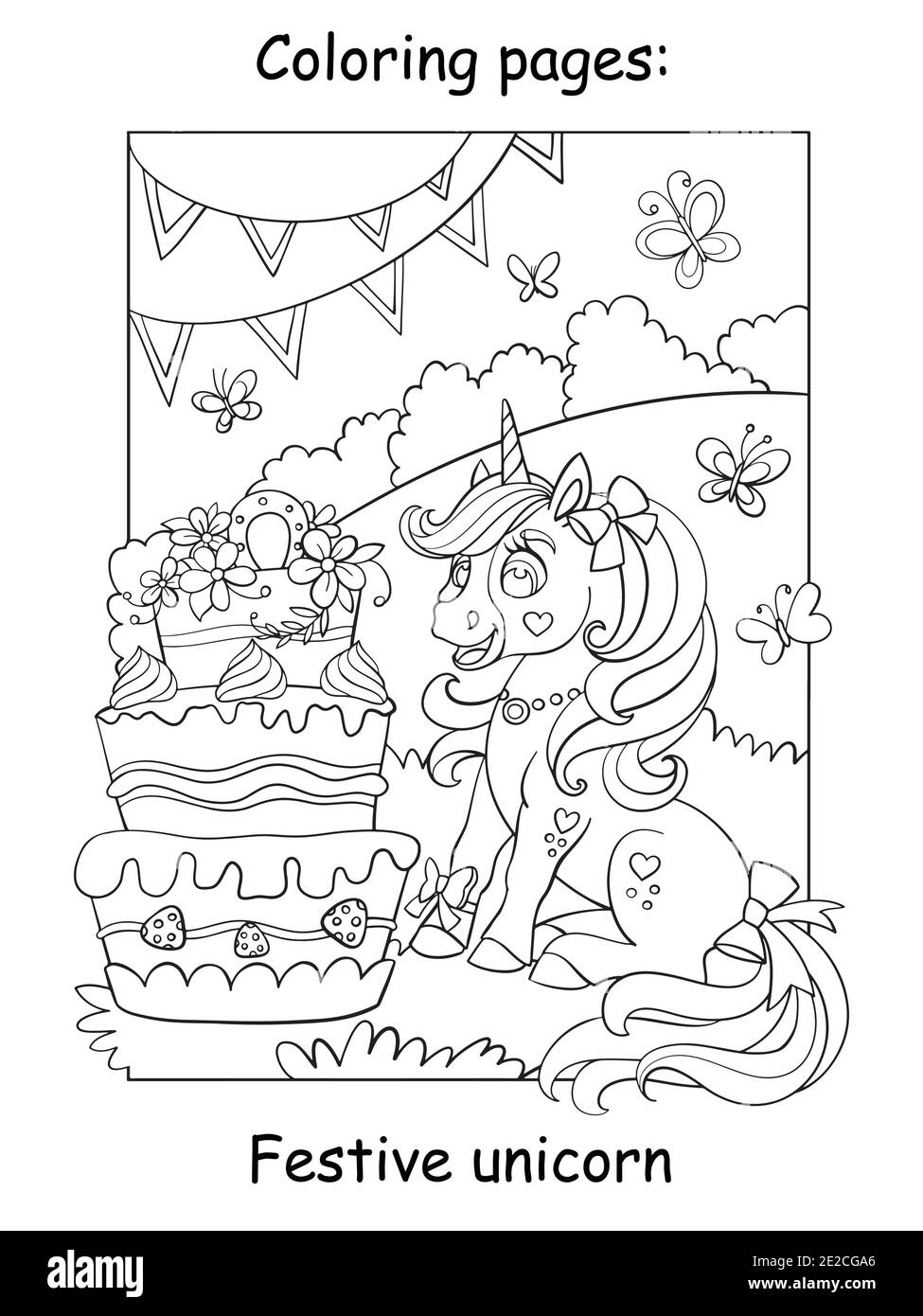 Carino unicorno che celebra un compleanno sul prato con grande torta. Pagina del libro da colorare. Illustrazione vettoriale del cartone animato isolata su sfondo bianco. Per colorina Illustrazione Vettoriale
