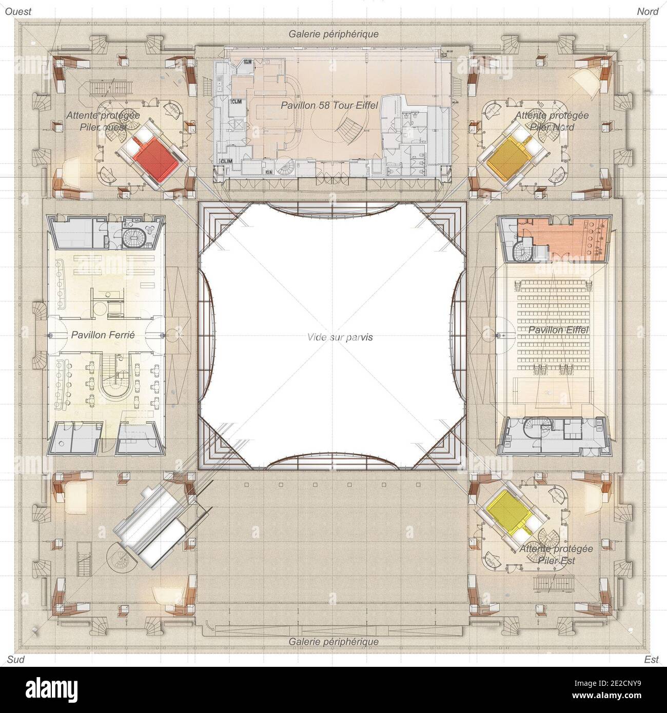 Prima mappa della riorganizzazione del piano 1rt della Torre Eiffel su 2012 a Parigi, Francia. Si tratta della terza grande trasformazione della prima tappa dalla costruzione della torre nel 1889. Inizialmente, nel 2012, la sala Gustave Eiffel sarà demolita e ricostruita, una tappa che durerà sette mesi. Poi, nella seconda volta (2012-2013), è la casa di Ferrie che conosce un totale di revisione durante sette mesi. Infine, le pagode, che vengono utilizzate come rifugi per l'attesa degli ascensori, dei terreni, della ringhiera centrale nonché dei frontoni e la preparazione del tetto di Th Foto Stock