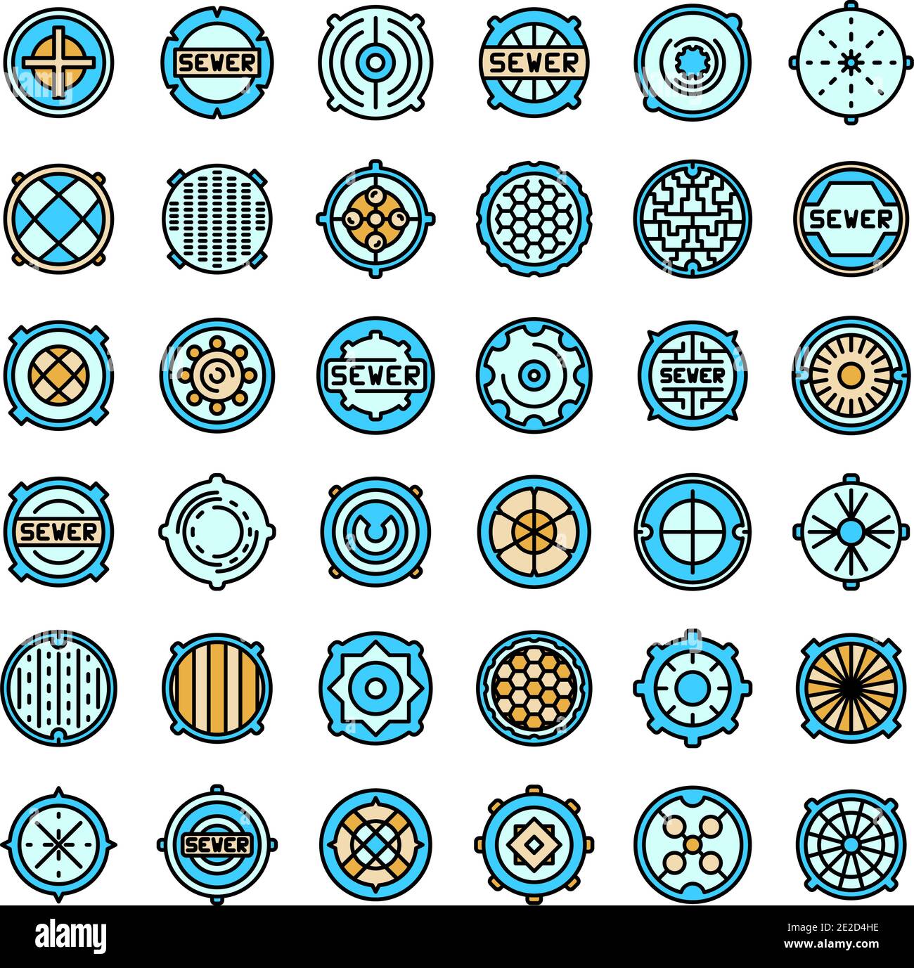 Set di icone di tombini. Contorno insieme di icone vettoriali tombini colore sottile linea piatta su bianco Illustrazione Vettoriale