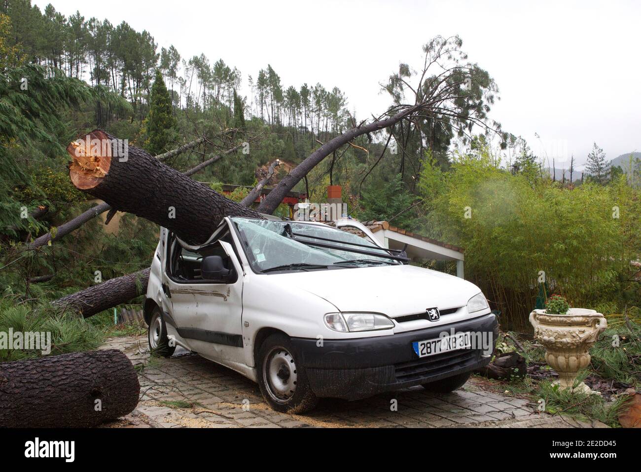 Onze departements du Sud étaient en alerte Orange samedi en raison de gros degats dans le Gard suite aux fortes pluies et aux orages qui ont cause des degats dans le Gard notamment et fait deborder des cours d'eau, dont le fleuve Herault, au bord duquel un homme est porte denpu, le 5 novembre 2011. Foto di Patrice Coppe/ABACAPRESS.COM Foto Stock