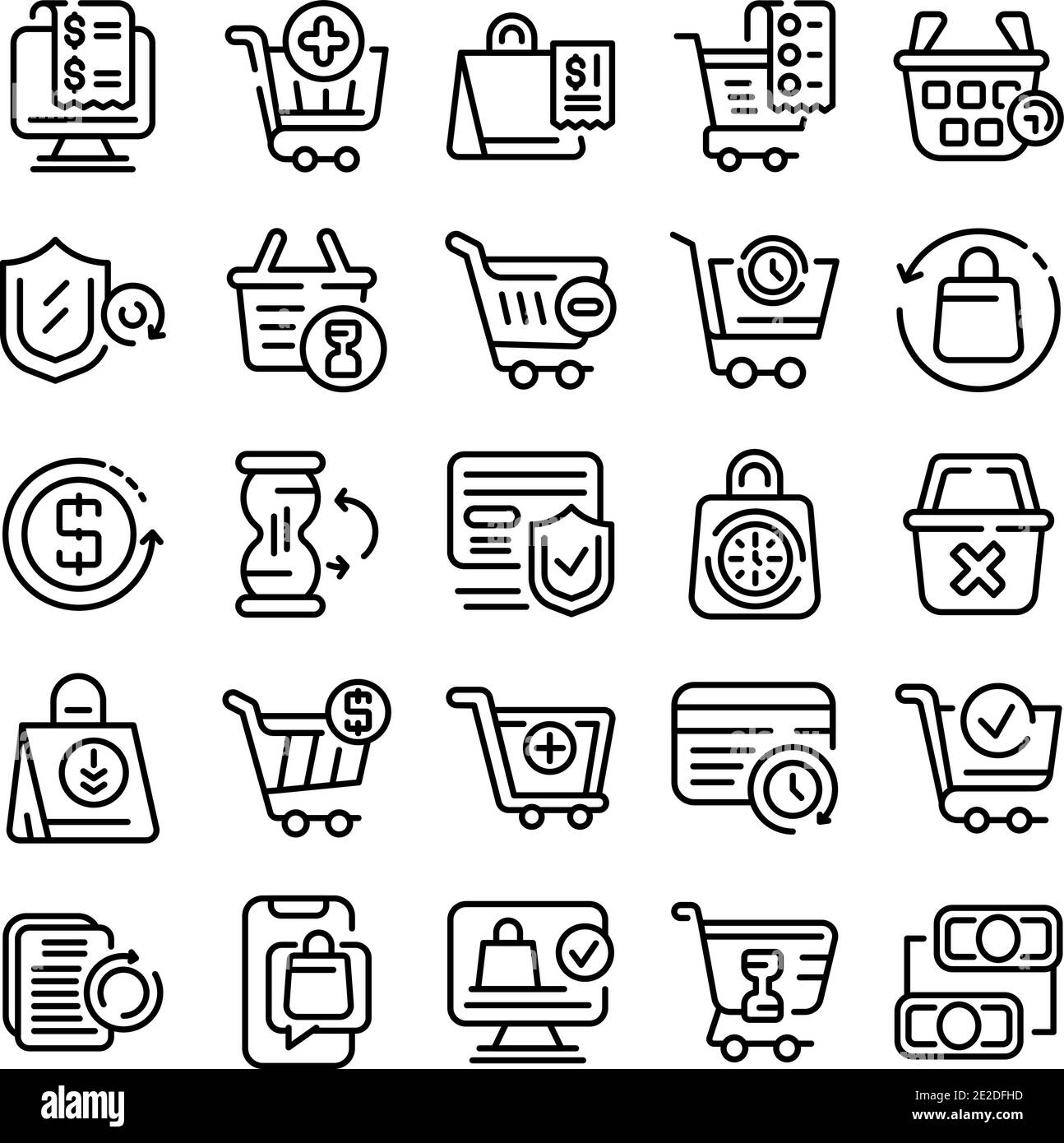 Set di icone della cronologia degli acquisti. Contorno insieme di icone vettoriali della cronologia degli acquisti per il web design isolato su sfondo bianco Illustrazione Vettoriale
