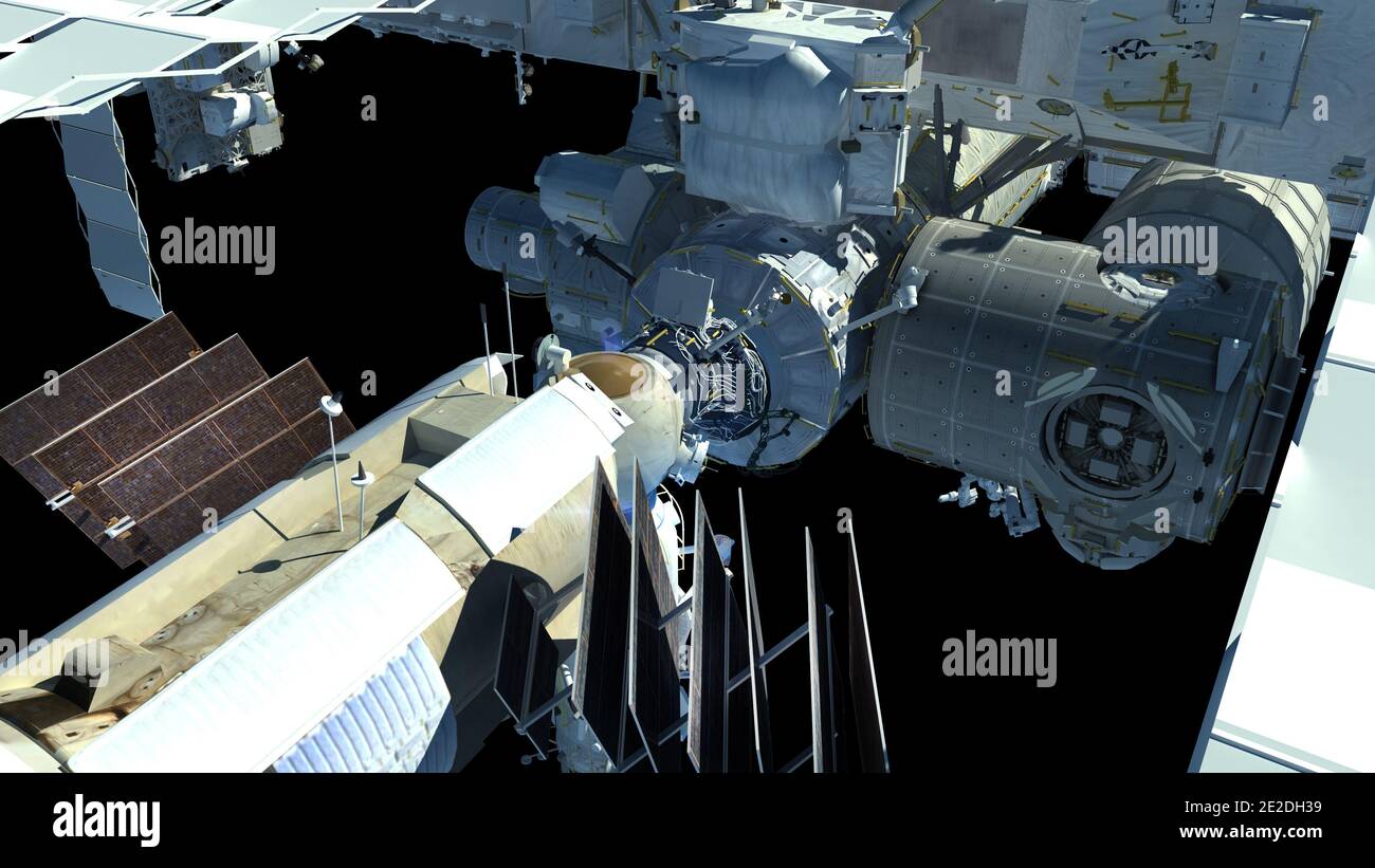 Rappresentazione 3D primo piano della Stazione spaziale Internazionale con il percorso di lavoro incluso nel file. Foto Stock