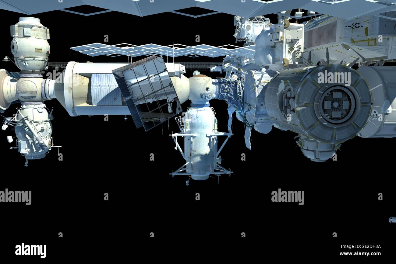 Rappresentazione 3D primo piano della Stazione spaziale Internazionale con il percorso di lavoro incluso nel file. Foto Stock