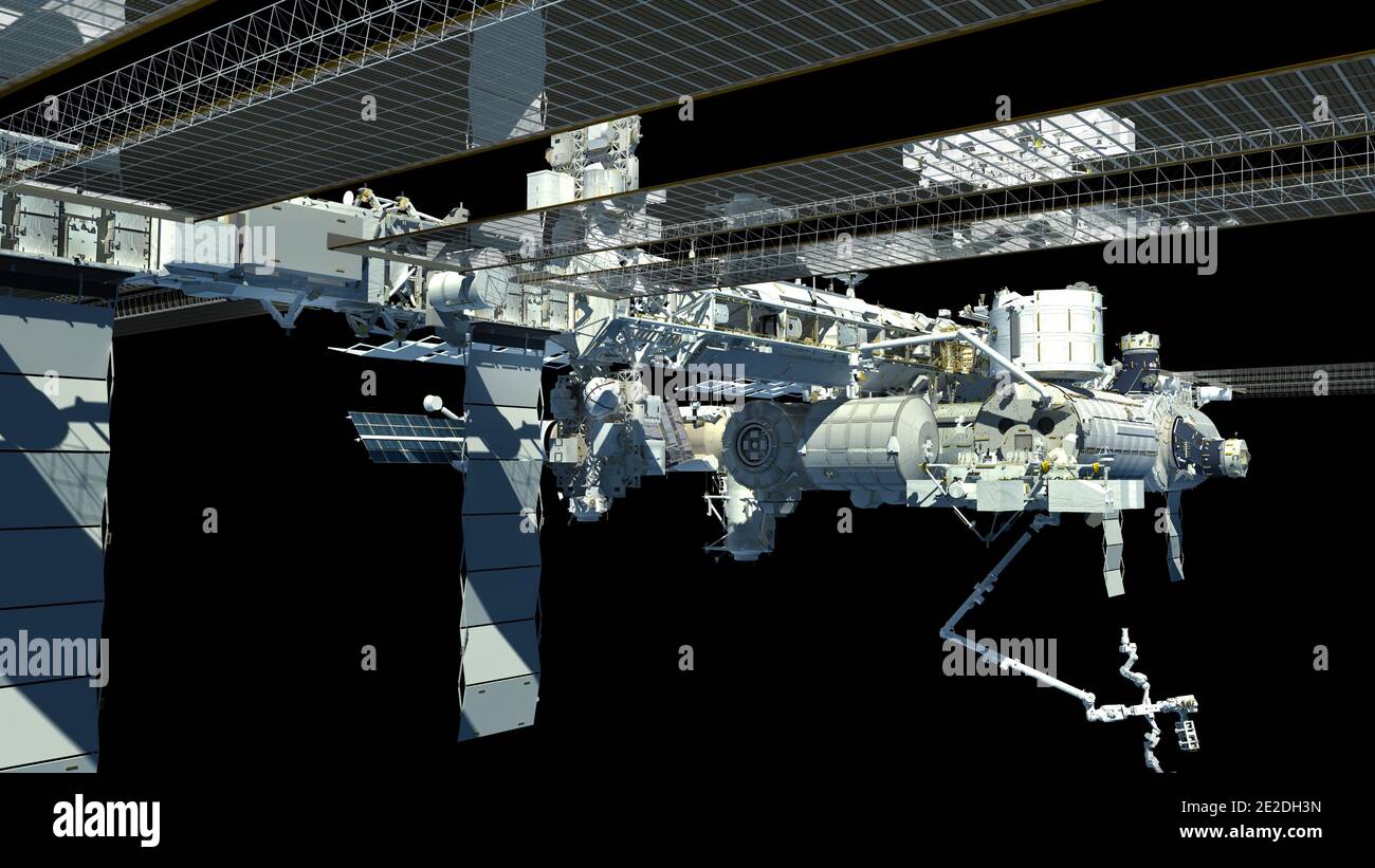 Rendering 3D della Stazione spaziale Internazionale con il percorso di lavoro incluso nel file. Foto Stock