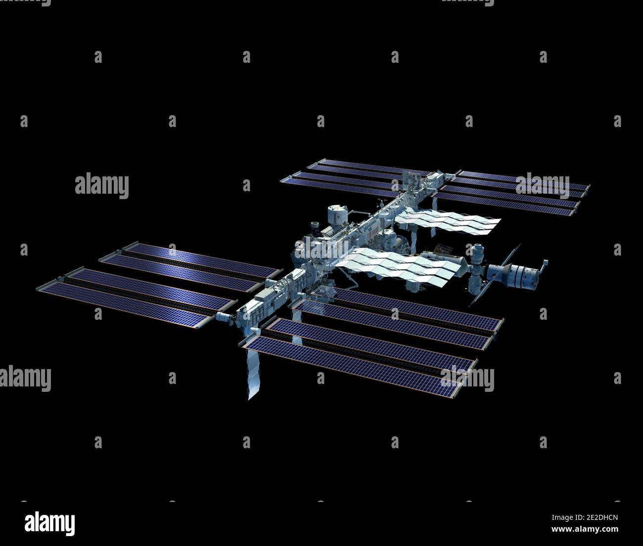 Rendering 3D della Stazione spaziale Internazionale con il percorso di lavoro incluso nel file. Foto Stock