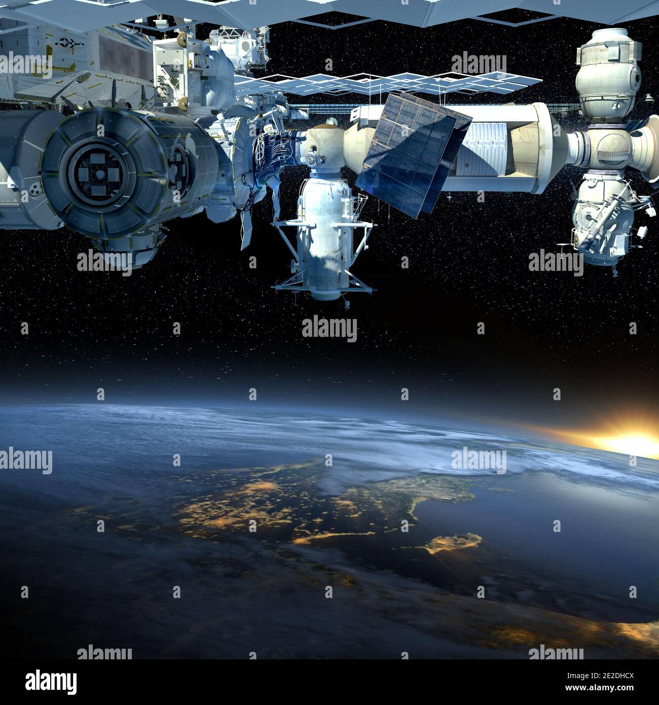 Rendering 3D della Stazione spaziale Internazionale che vola sopra la Terra, mostrando la sua architettura modulare dettagliata. Elementi di questa immagine forniti da NAS Foto Stock