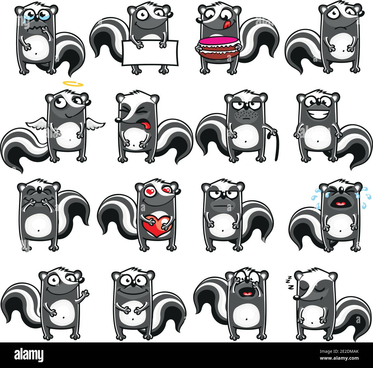 Smiley skunks raggruppati individualmente per copiare e incollare facilmente. Illustrazione Vettoriale