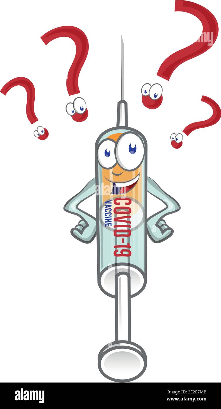 siringa medica virus corona vaccino covid-19 con punto interrogativo mascotte Illustrazione Vettoriale
