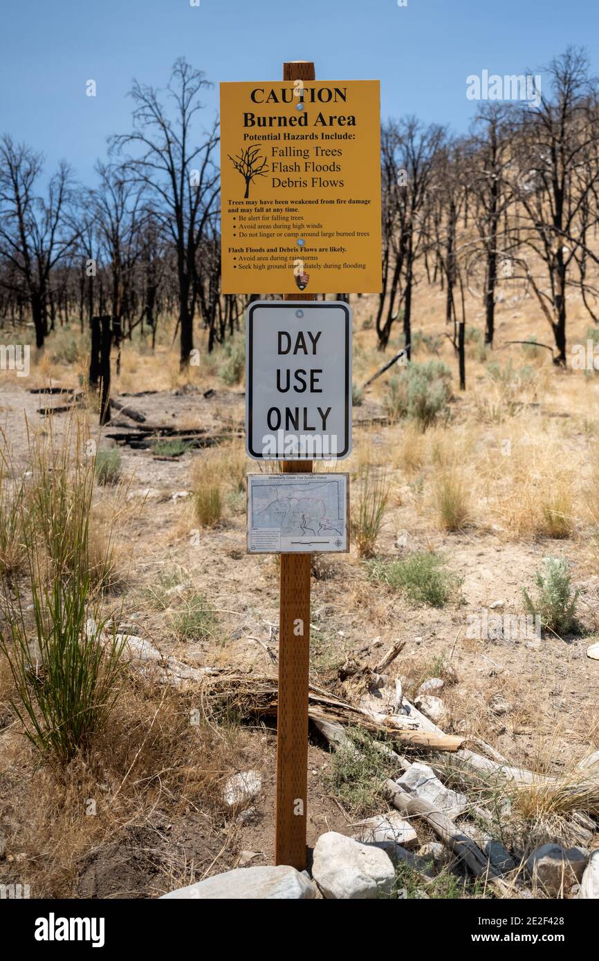 Attenzione il cartello zona bruciata avverte gli escursionisti di prestare attenzione Sentiero nel Great Basin National Park Foto Stock